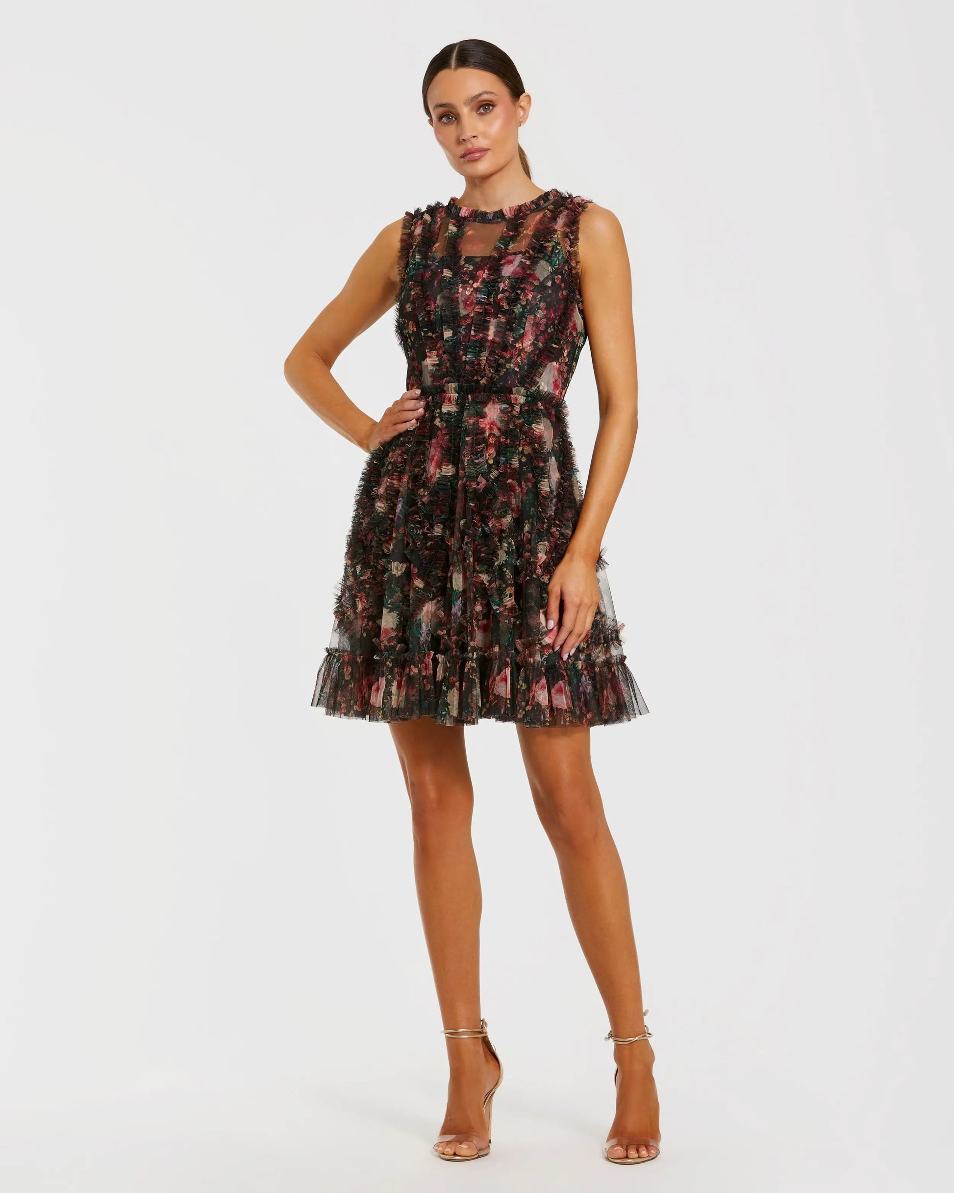 Black Multicolor Floral Ruffle Mini Dress Mac Duggal