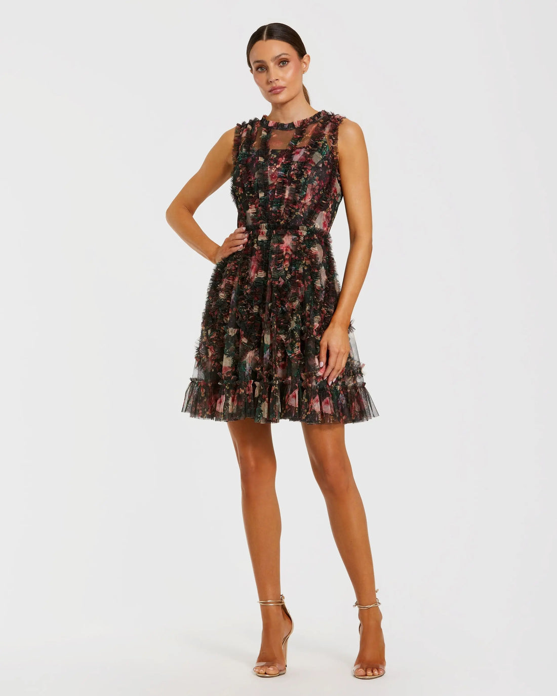 Black Multicolor Floral Ruffle Mini Dress Mac Duggal