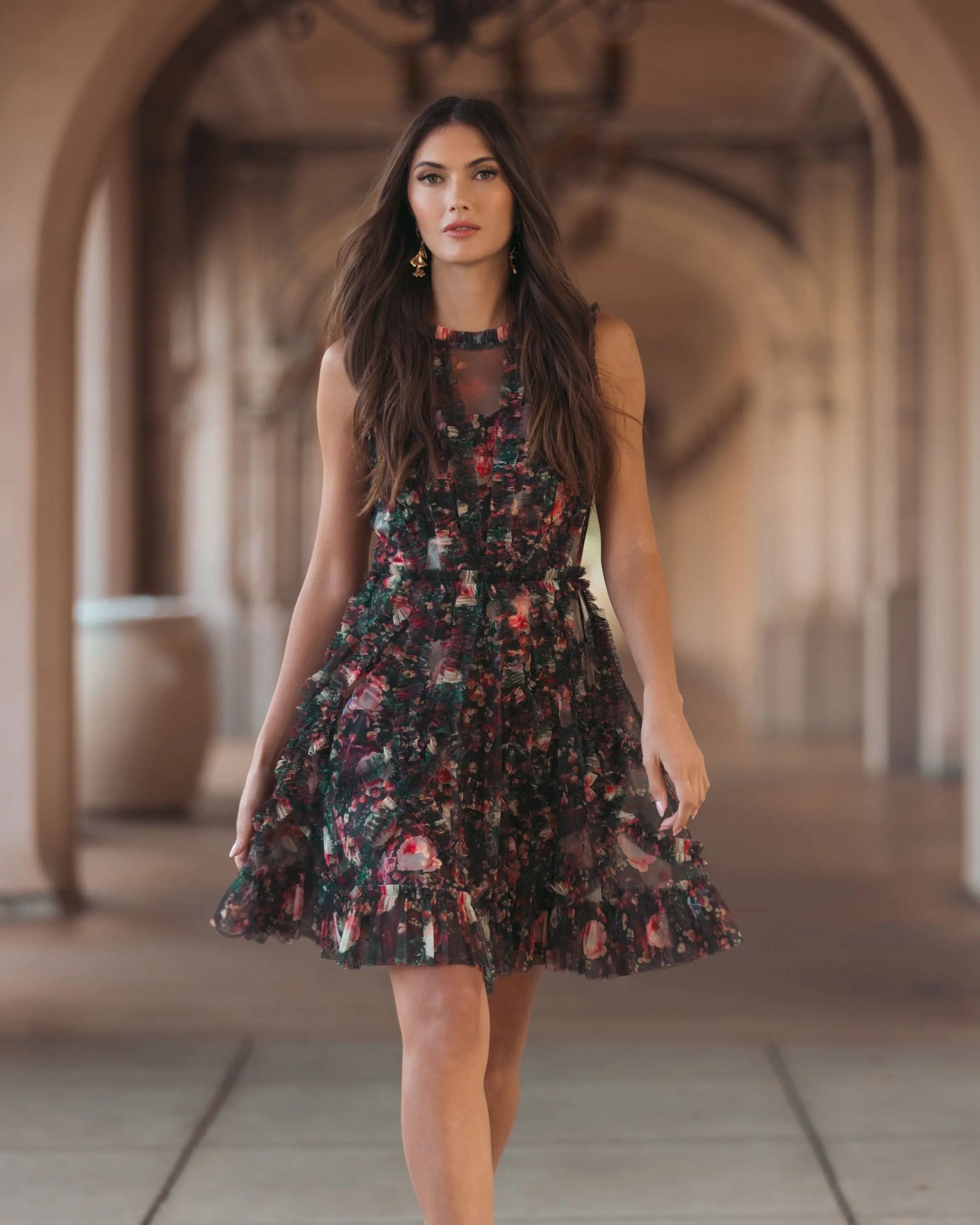 Black Multicolor Micro Ruffle Floral A-Line Mini Dress Black Multicolor Micro Ruffle Floral A-Line Mini Dress
