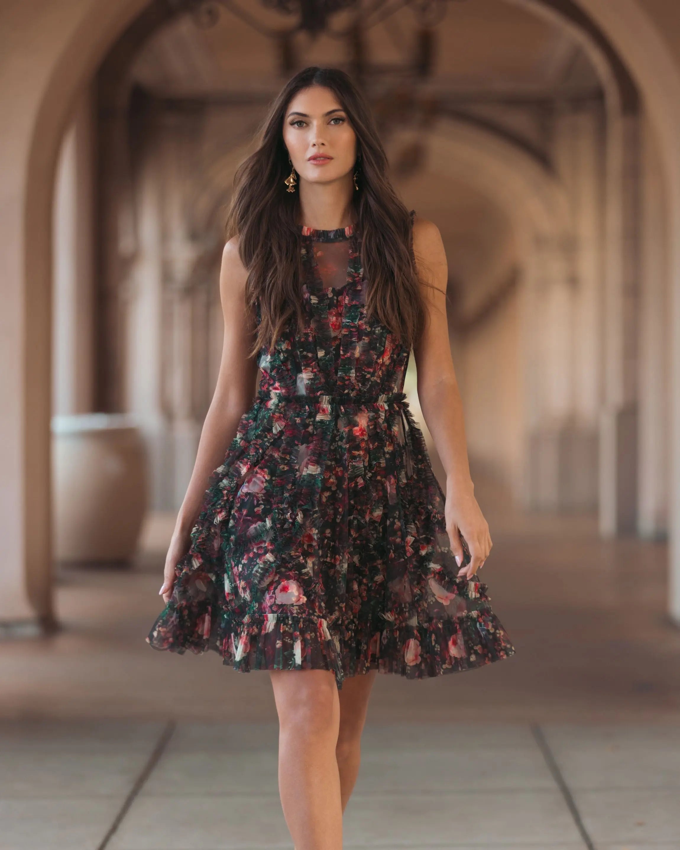 Black Multicolor Floral Ruffle Mini Dress Mac Duggal