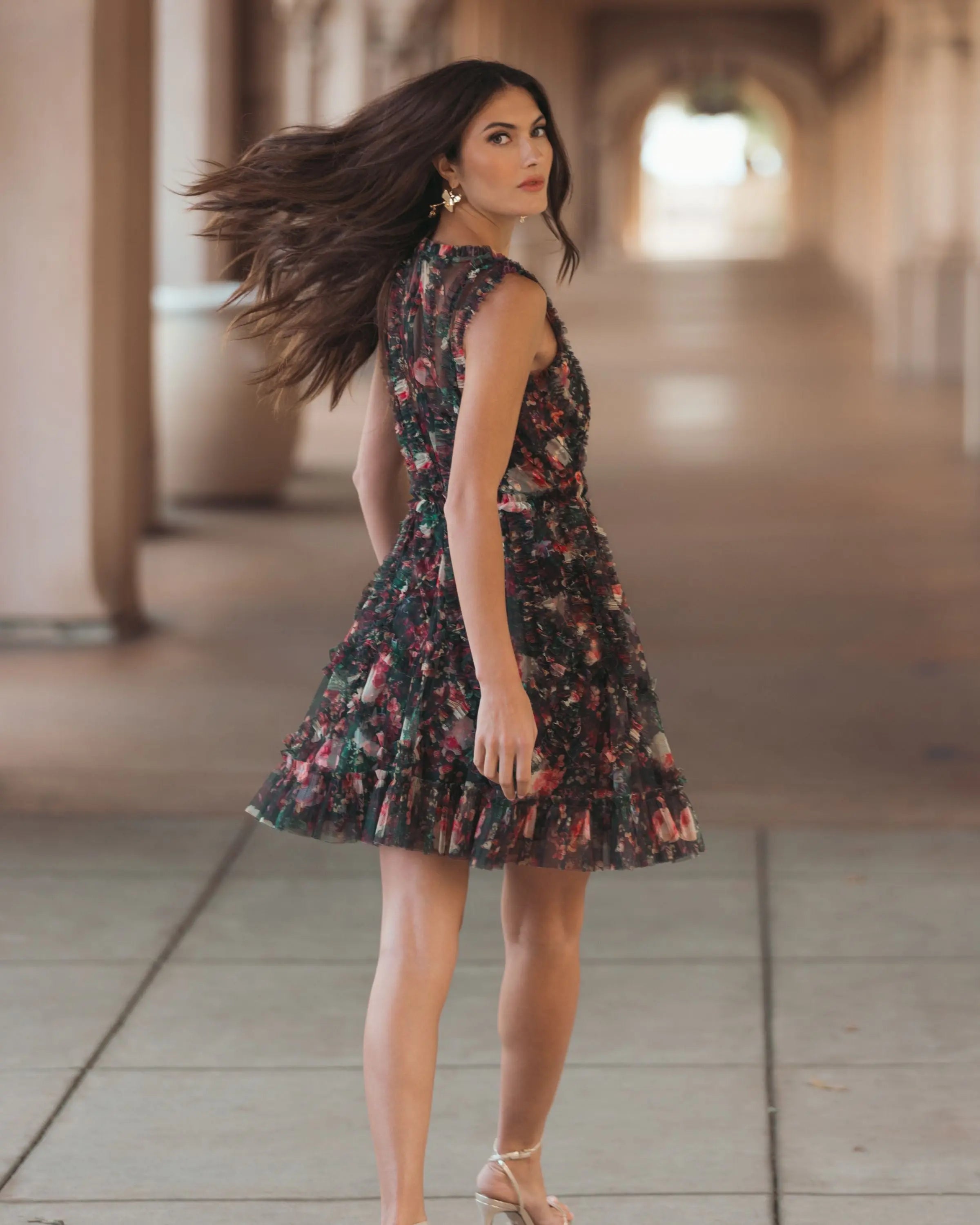 Black Multicolor Floral Ruffle Mini Dress Mac Duggal