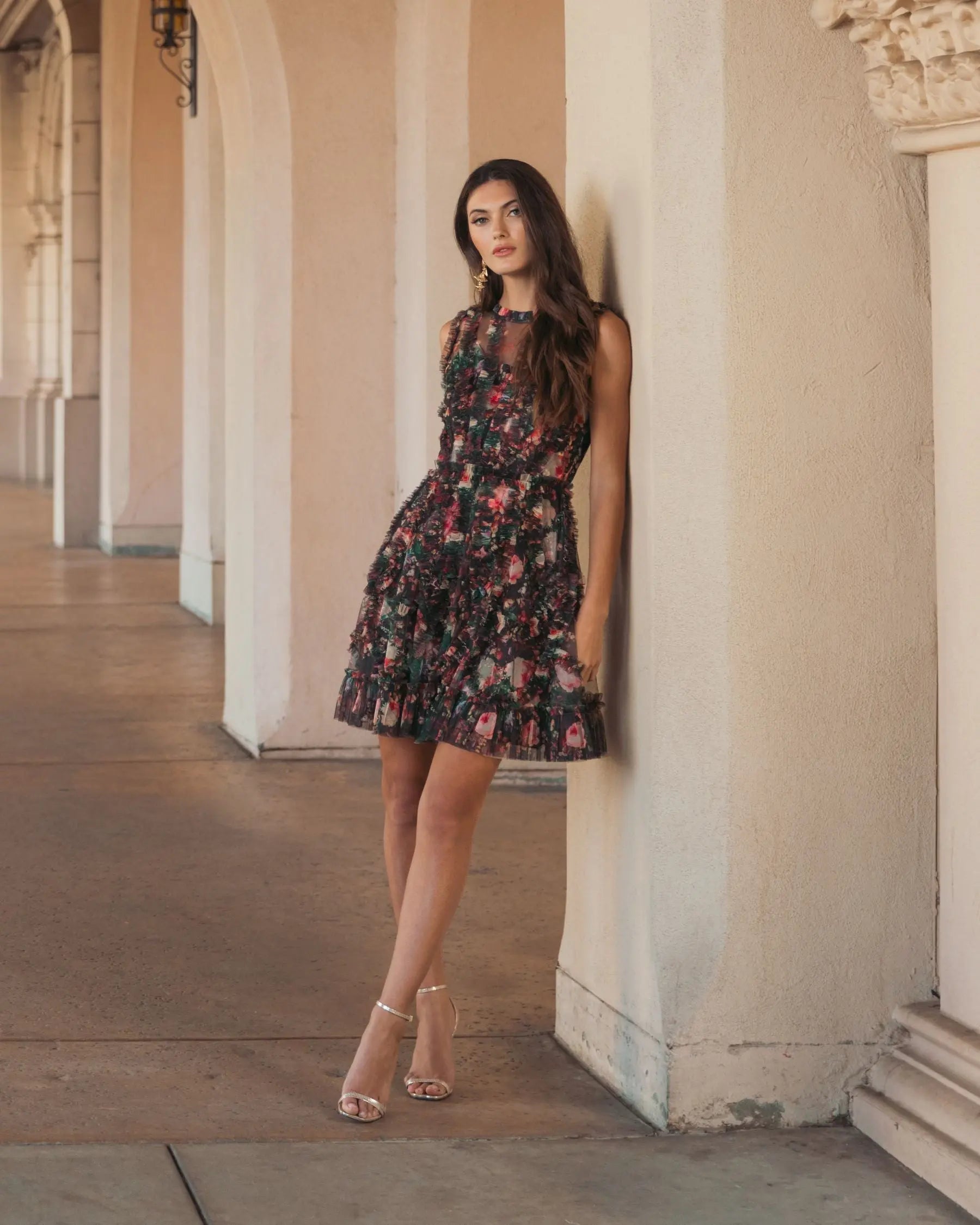 Black Multicolor Floral Ruffle Mini Dress Mac Duggal
