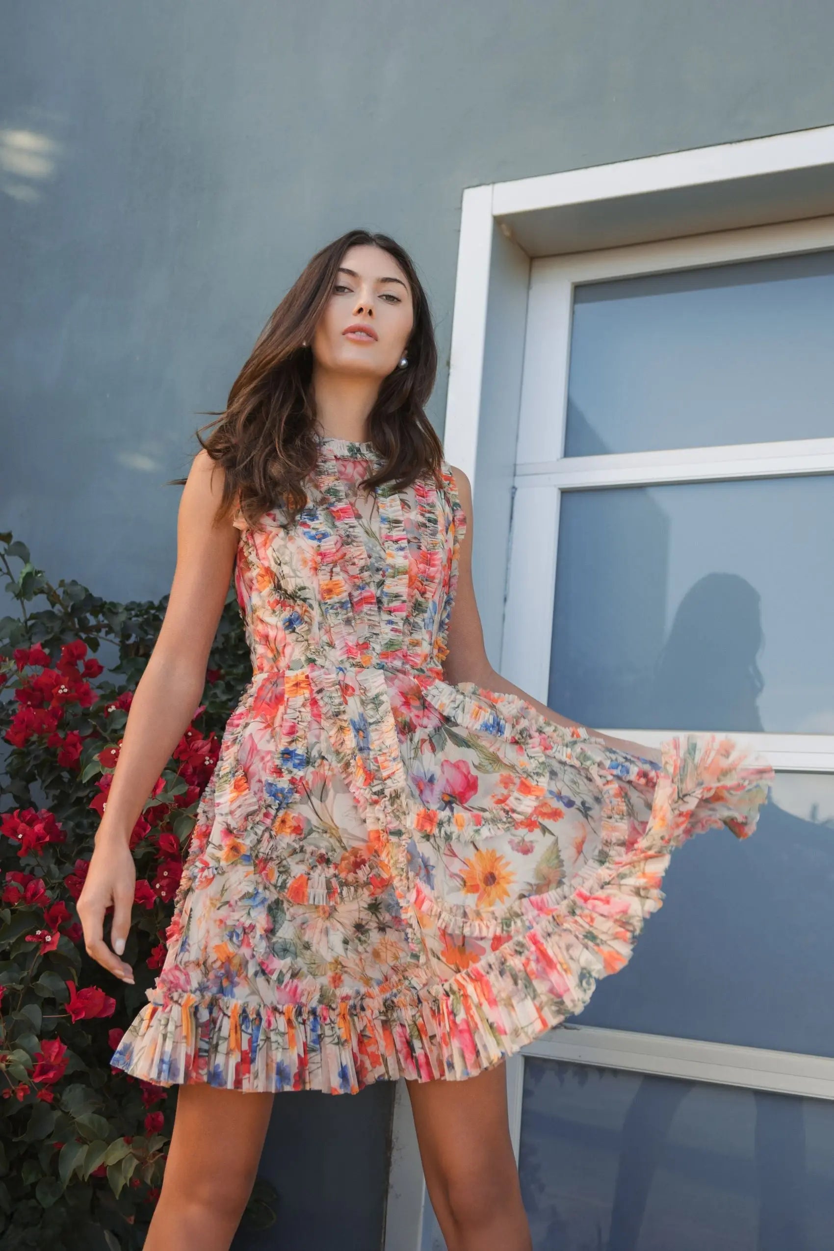 Multicolor Micro Ruffle Floral A-Line Mini Dress Multicolor Micro Ruffle Floral A-Line Mini Dress
