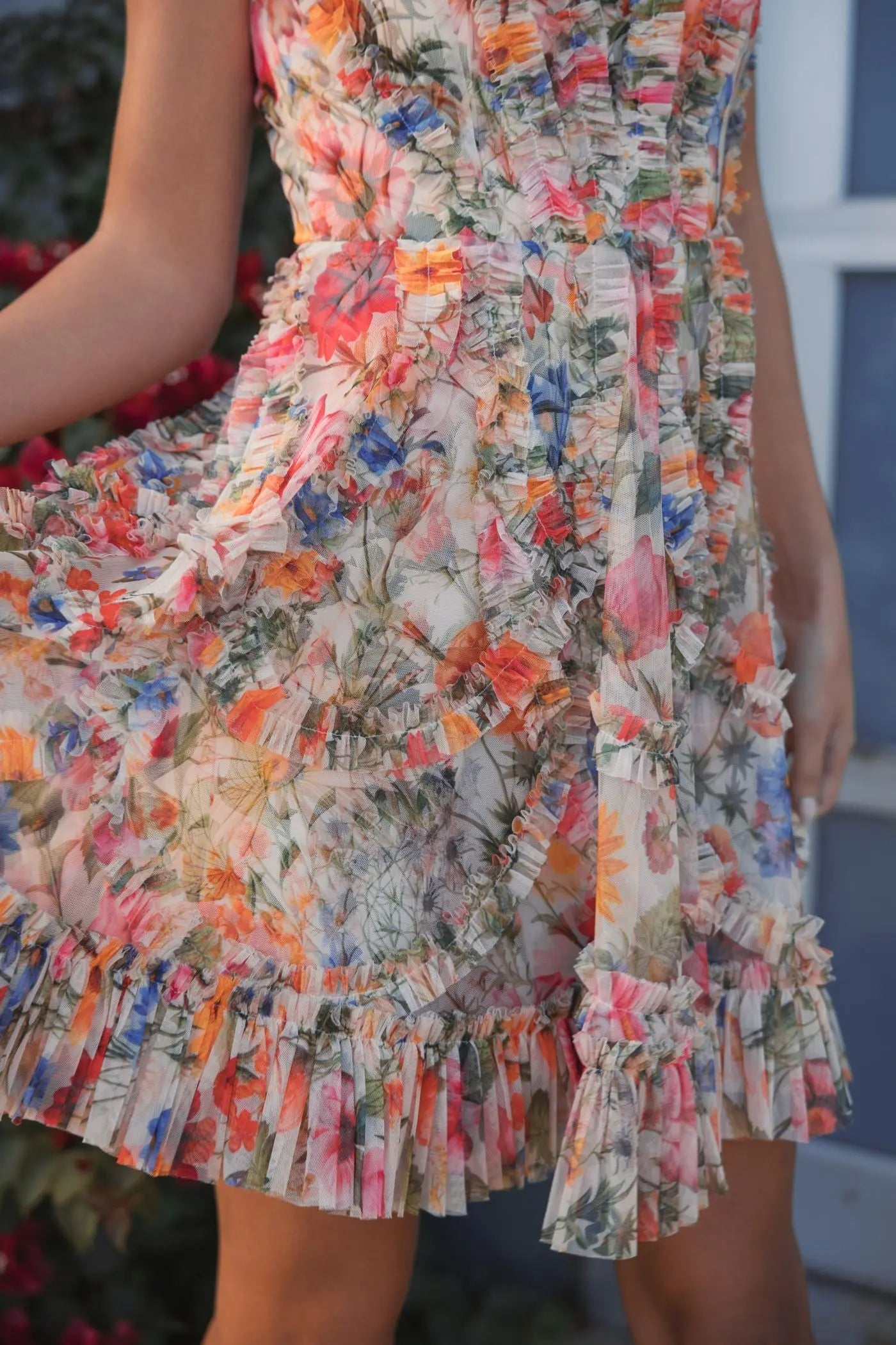 Multicolor Micro Ruffle Floral A-Line Mini Dress Multicolor Micro Ruffle Floral A-Line Mini Dress