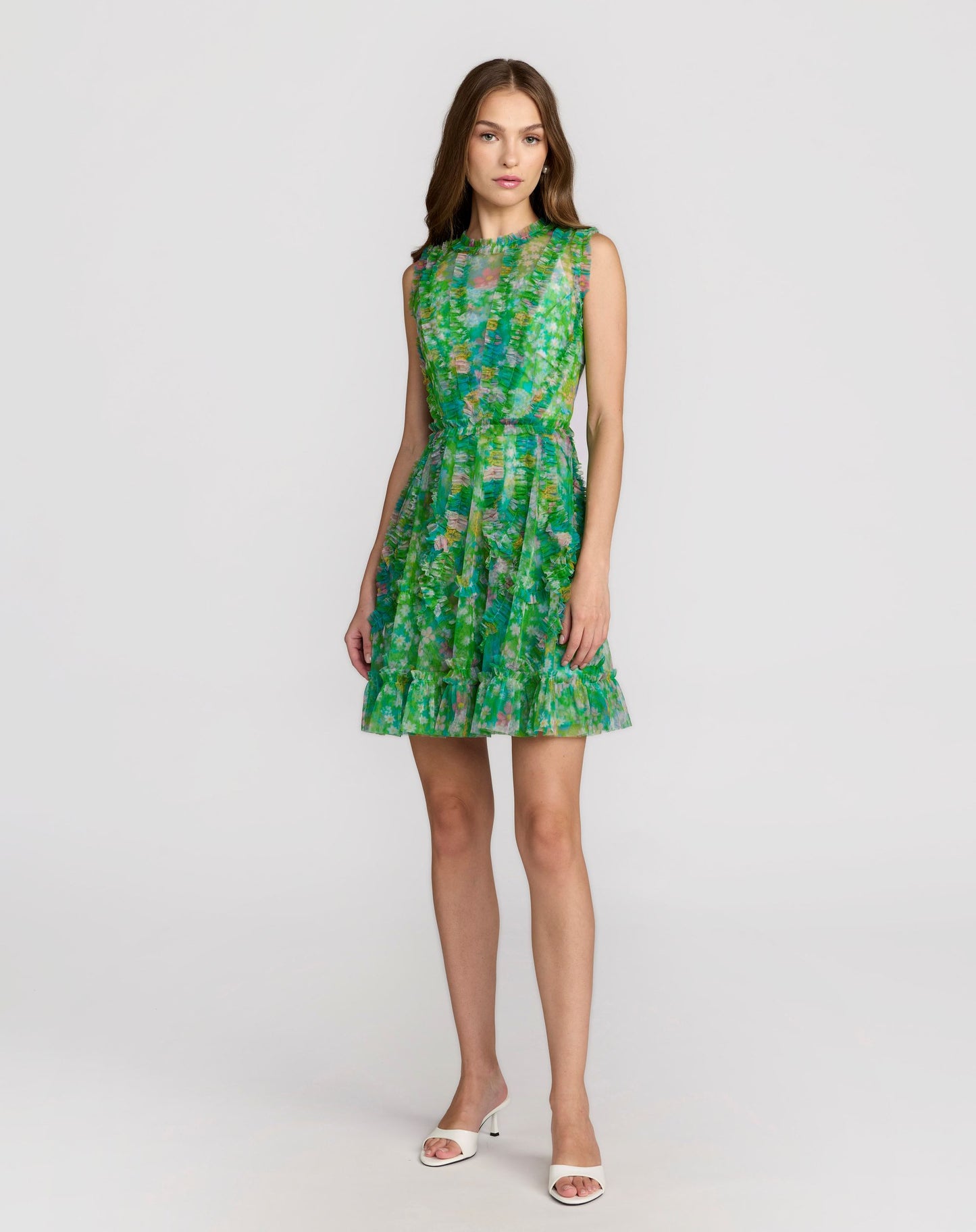 Green Multicolor Micro Ruffle Floral A-Line Mini Dress - Mac Duggal