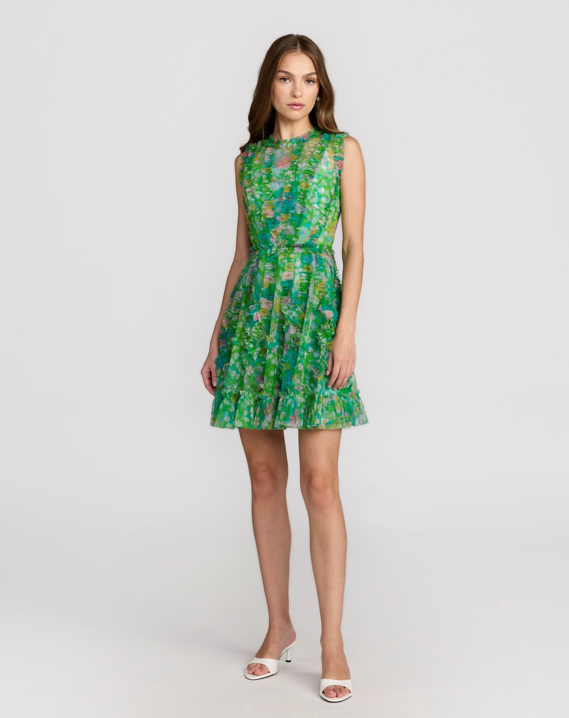 Green Multicolor Micro Ruffle Floral A-Line Mini Dress - Mac Duggal