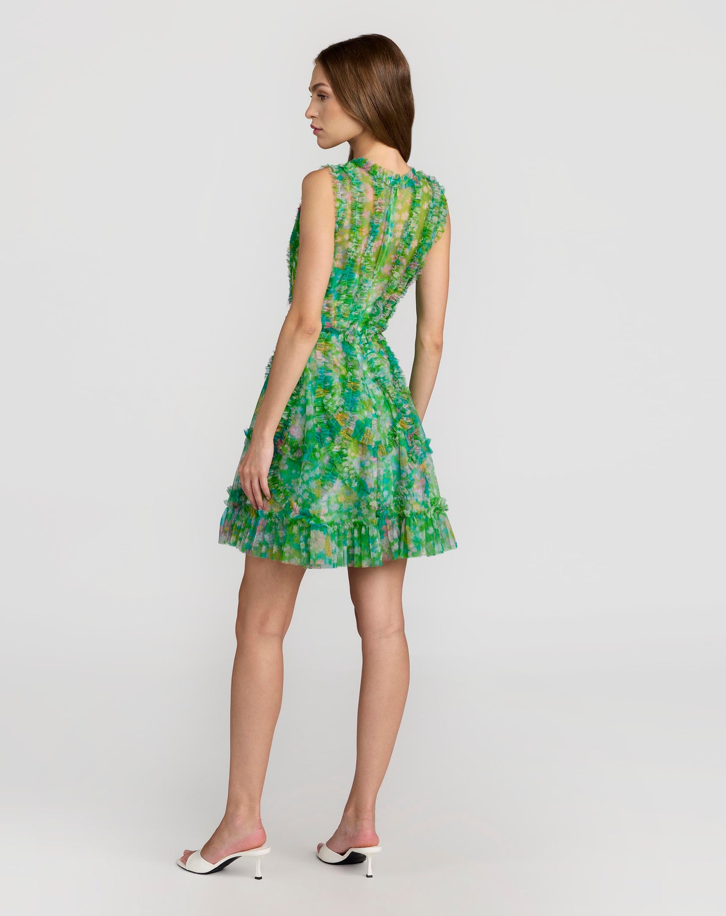 Green Multicolor Micro Ruffle Floral A-Line Mini Dress - Mac Duggal