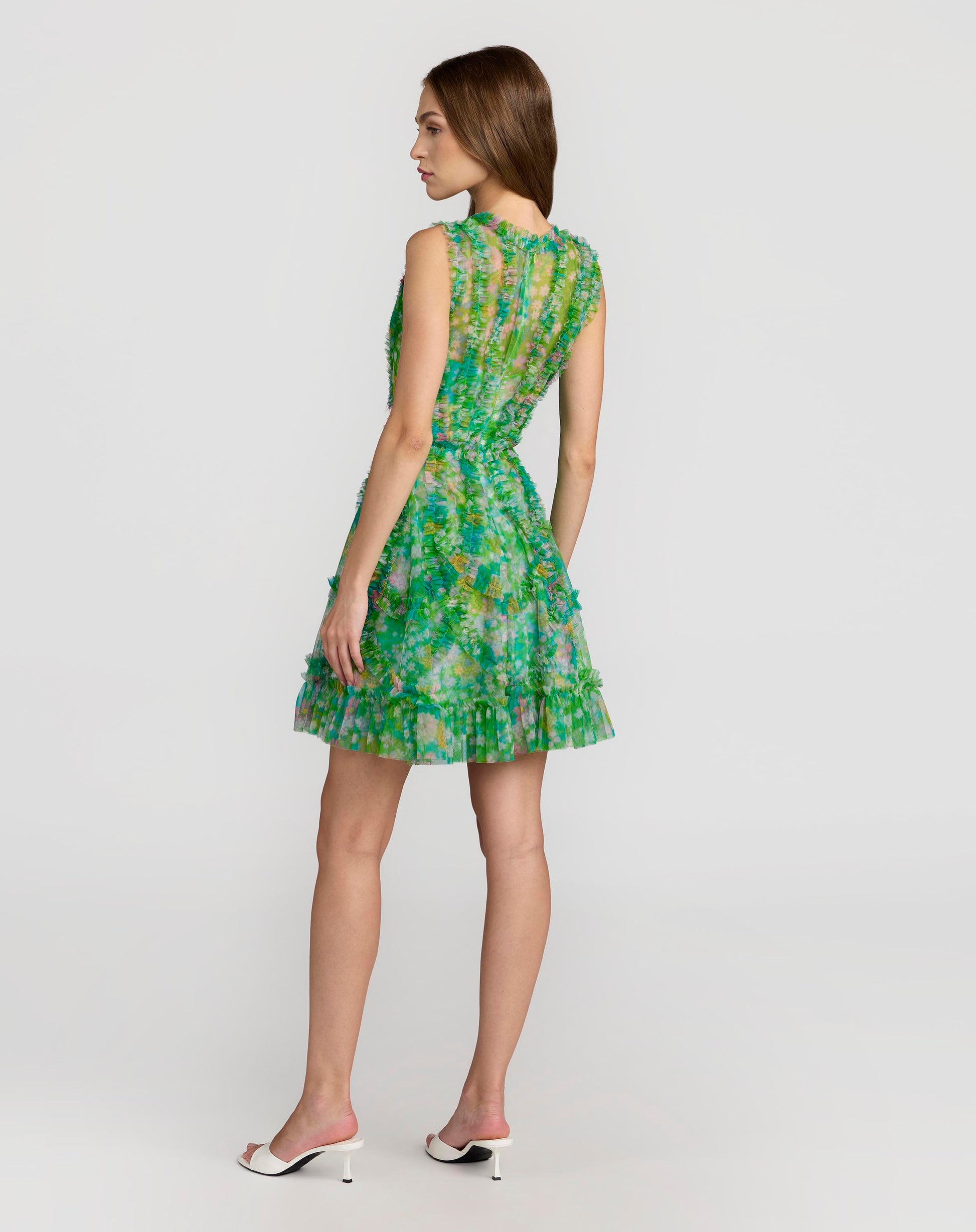 Green Multicolor Micro Ruffle Floral A-Line Mini Dress - Mac Duggal