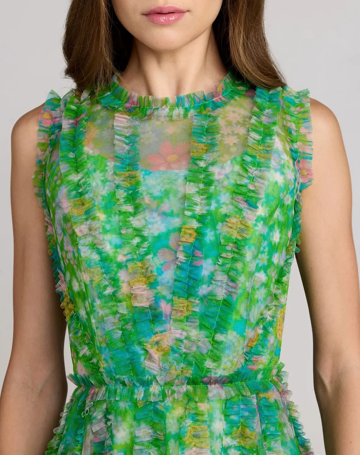 Mac Duggal Mesh Micro Ruffle High Neck Floral Mini Dress in Green Multi at Nordstrom, Size 8