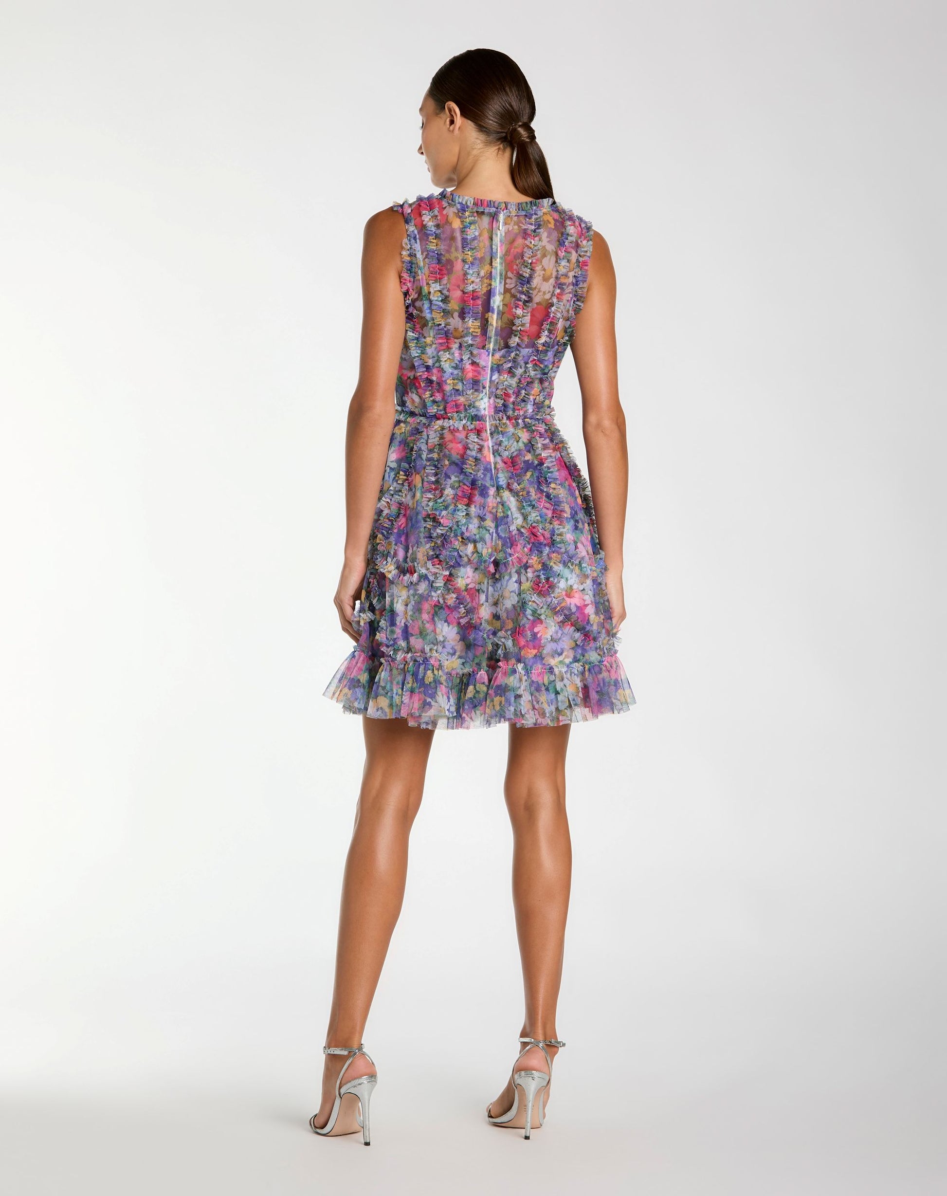 Purple Multicolor Micro Ruffle Floral A-Line Mini Dress Mac Duggal