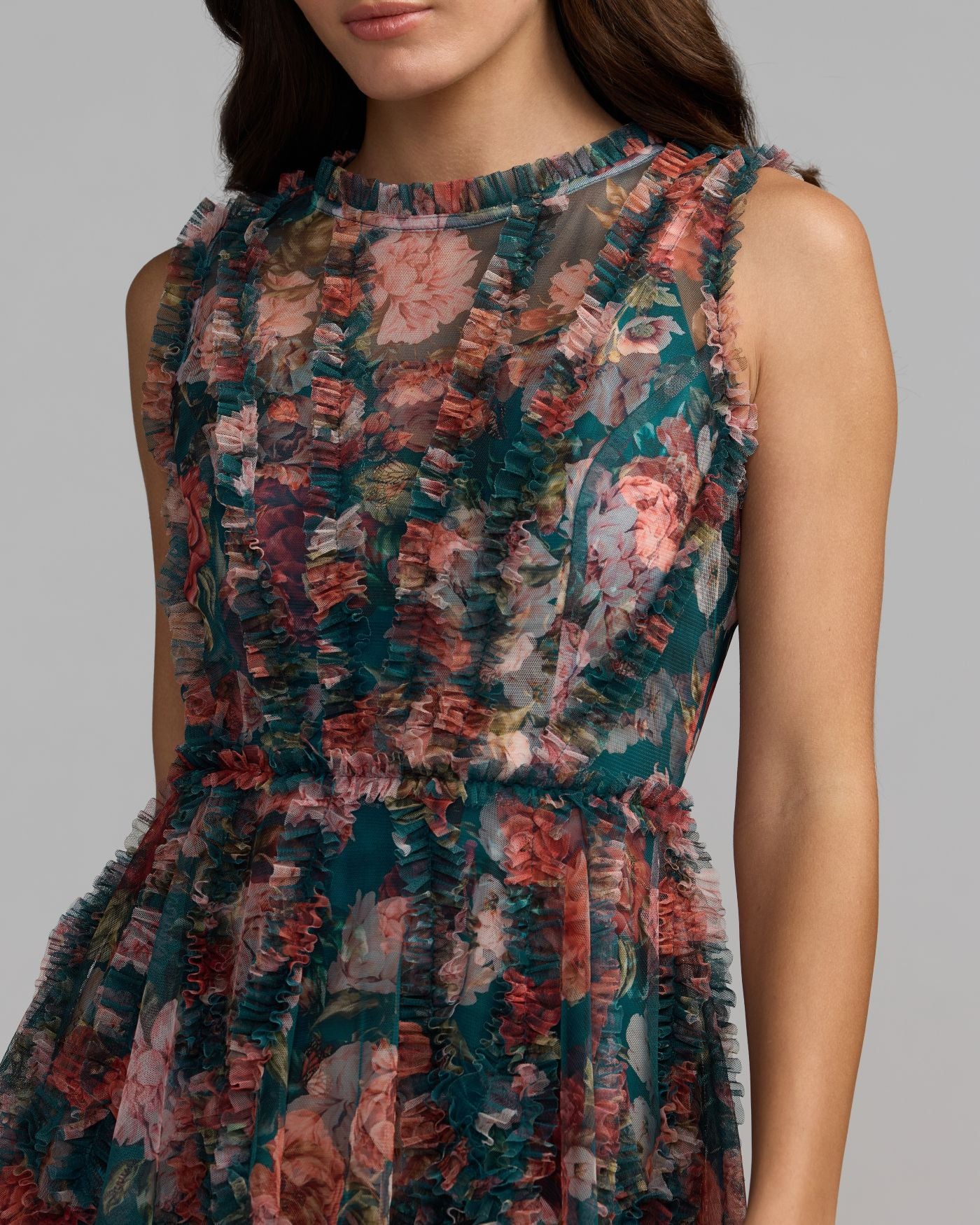 Teal Micro Ruffle Floral A-Line Mini Dress Mac Duggal