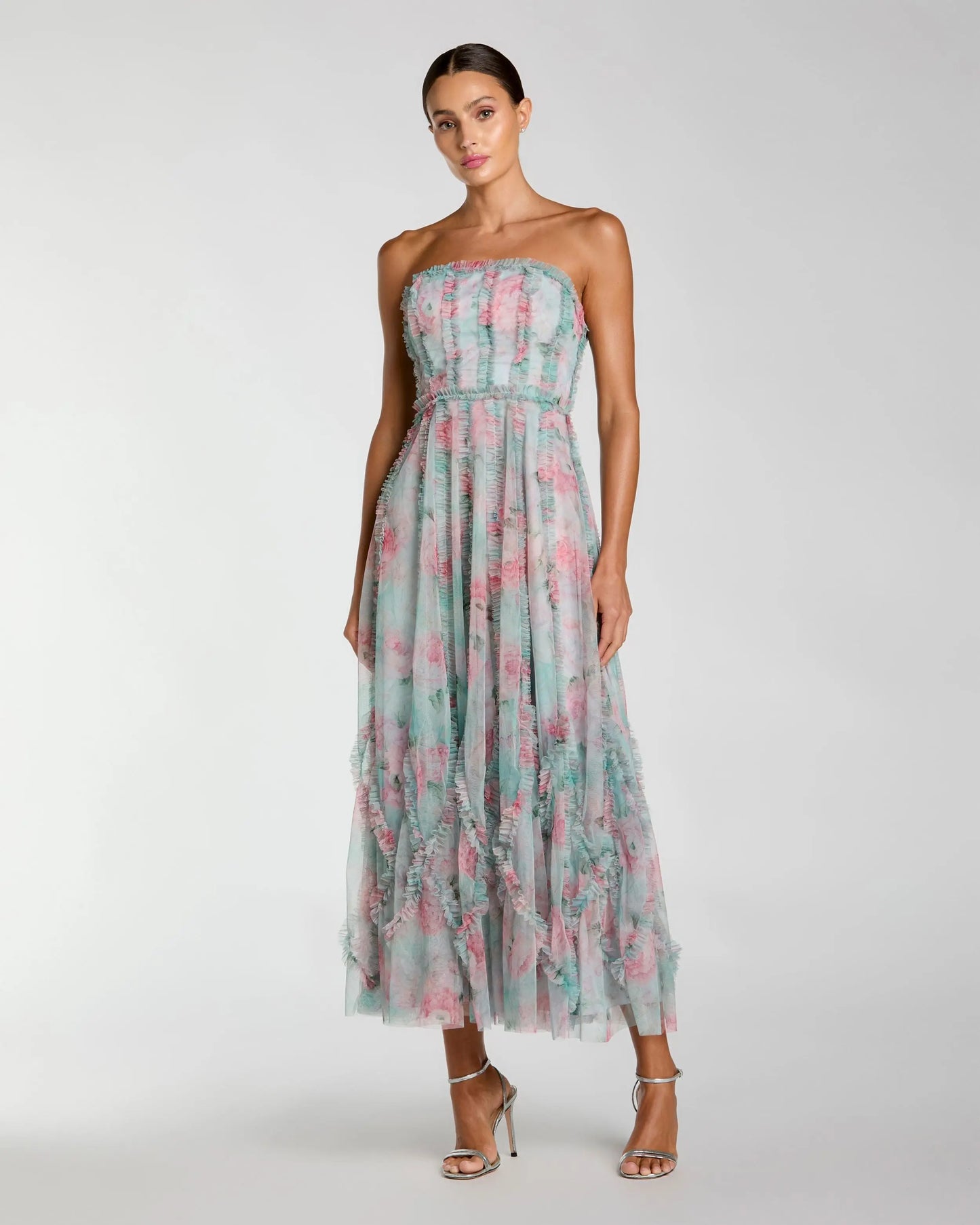 Blue Strapless Floral Ruffle Dress Mac Duggal