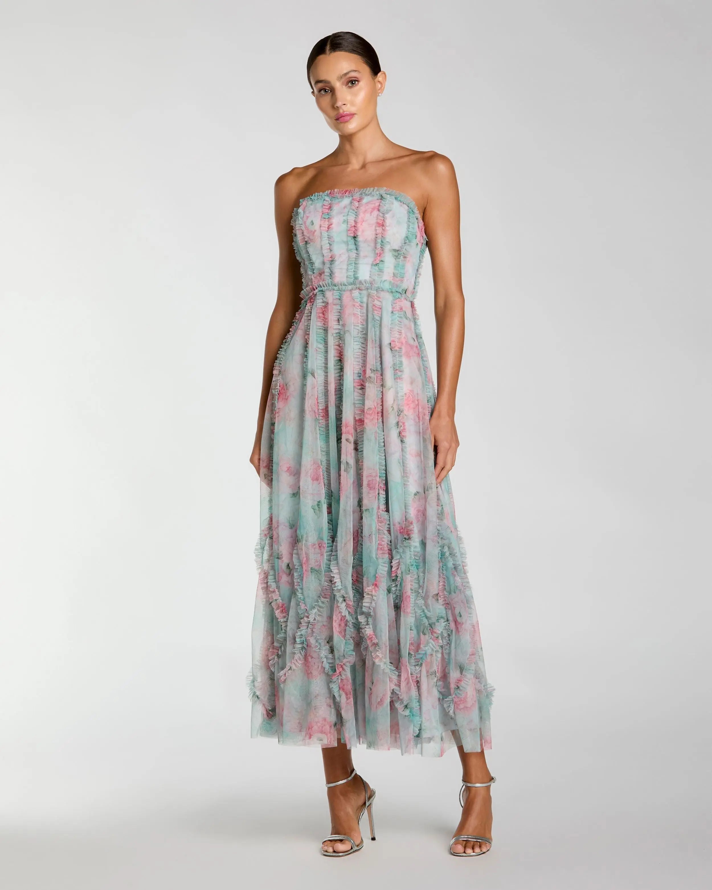 Blue Strapless Floral Ruffle Dress Mac Duggal