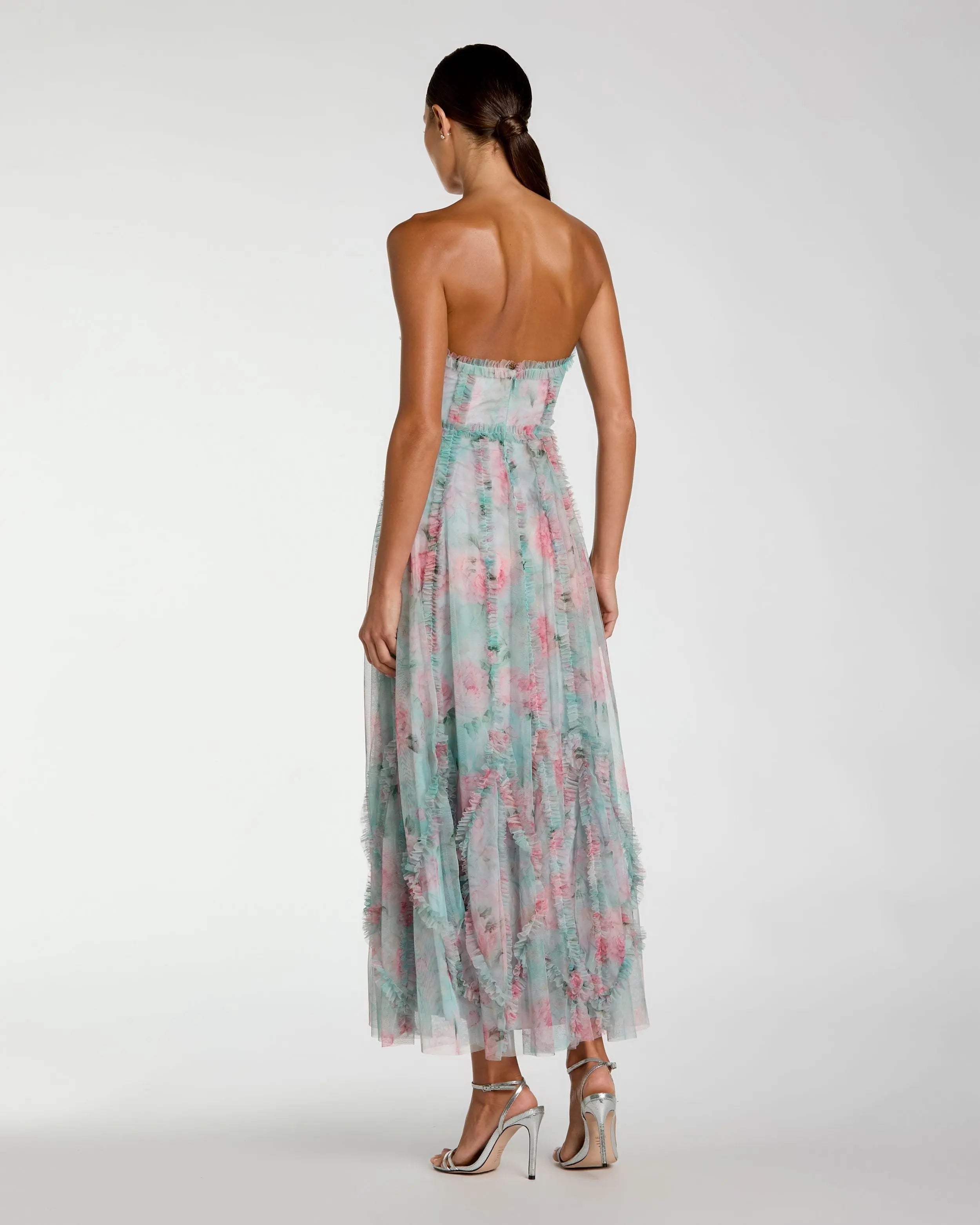 Blue Strapless Floral Ruffle Dress Mac Duggal