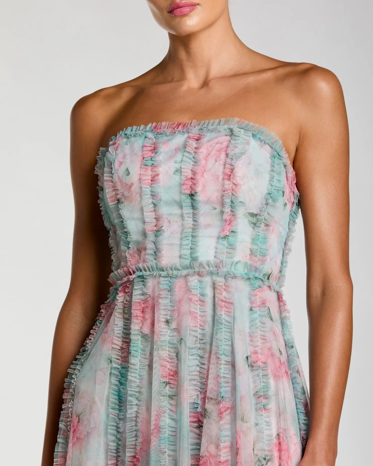 Blue Strapless Floral Ruffle Dress | Mac Duggal