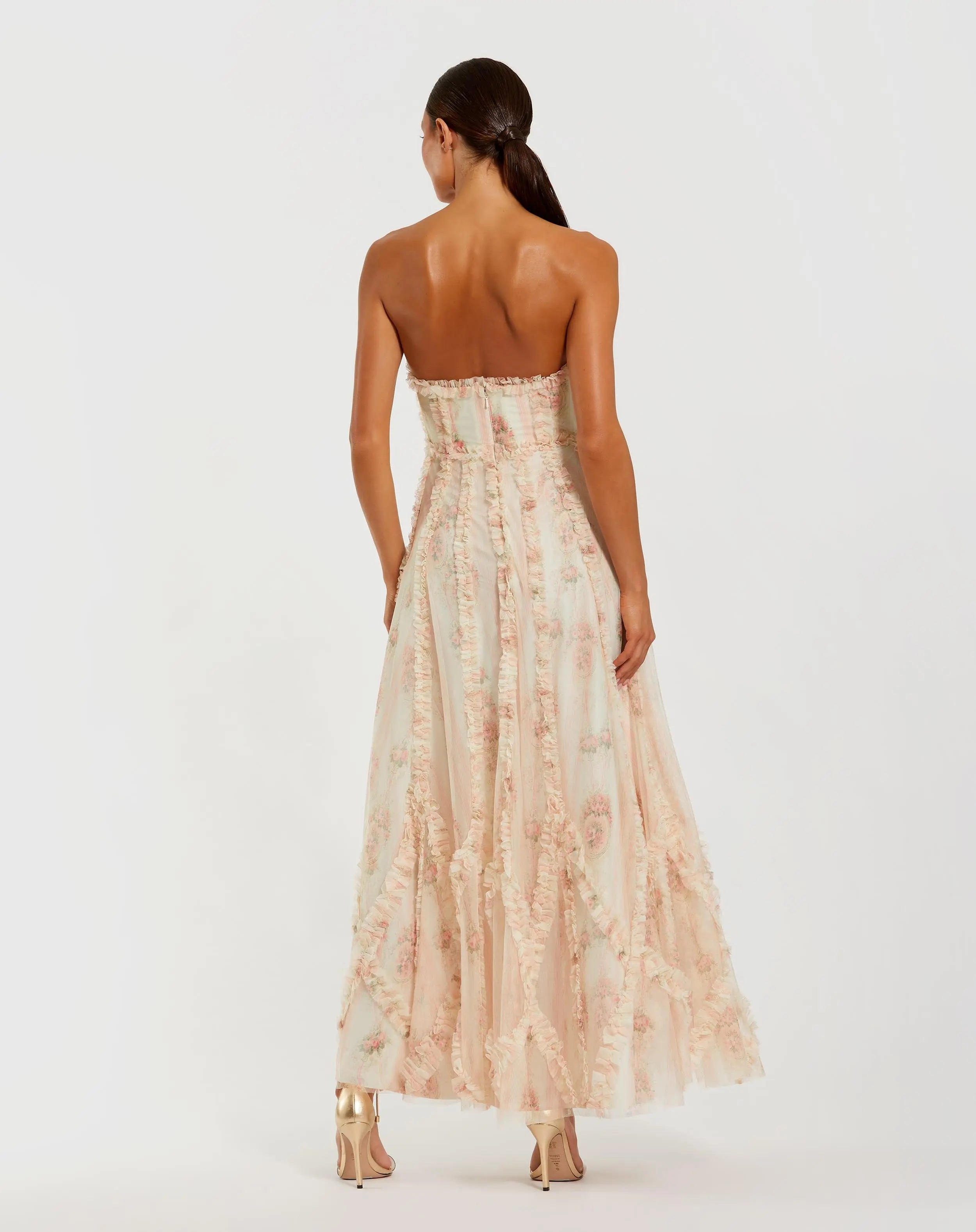 Pink and White Micro Ruffle Mesh Strapless Dress - Mac Duggal