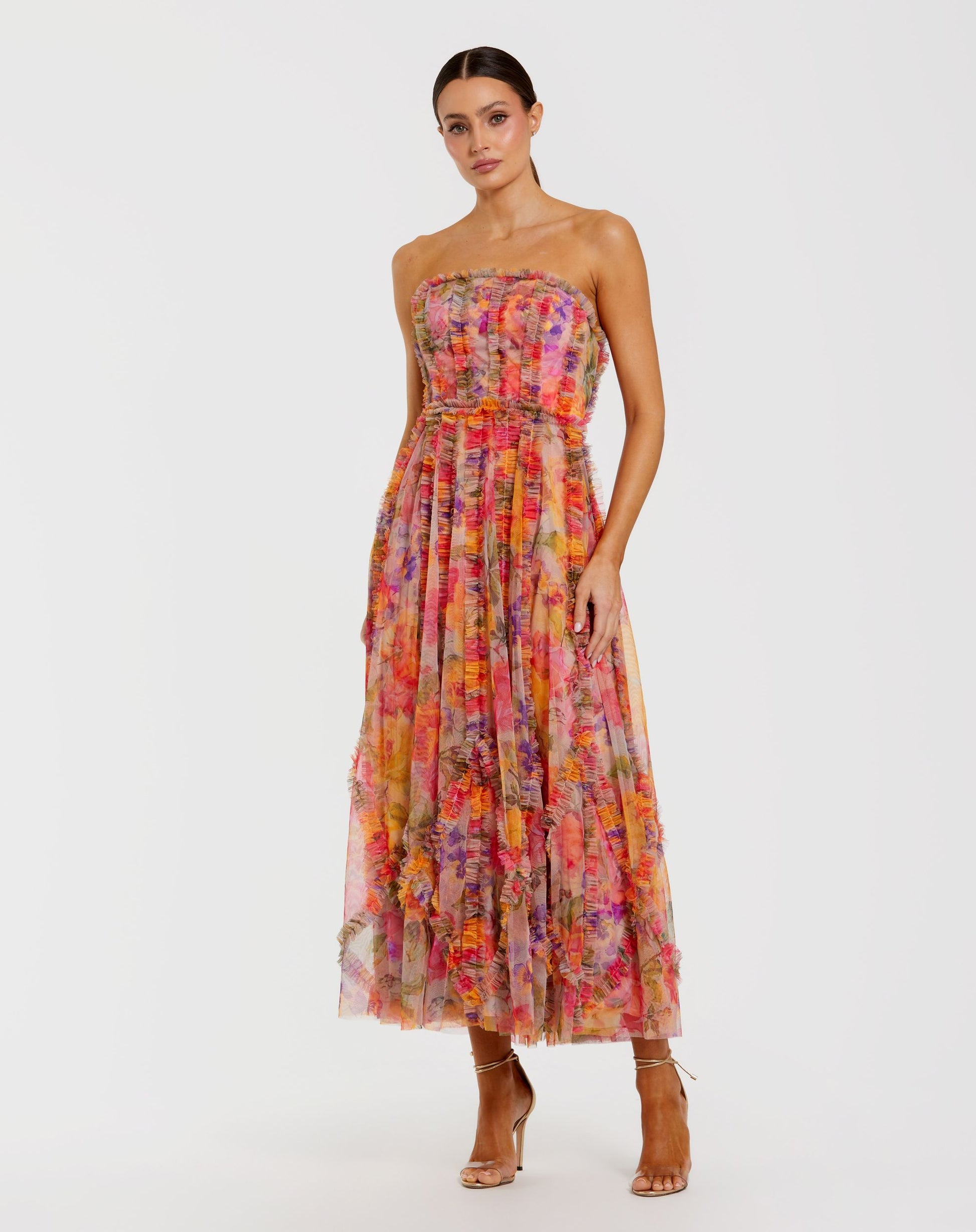 Multicolor Strapless Floral Ruffle Dress - Mac Duggal