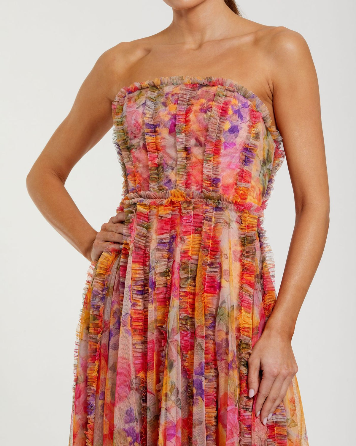 Multi Colored Ruffles Lace Multicolor Strapless Floral Ruffle Dress | Mac Duggal