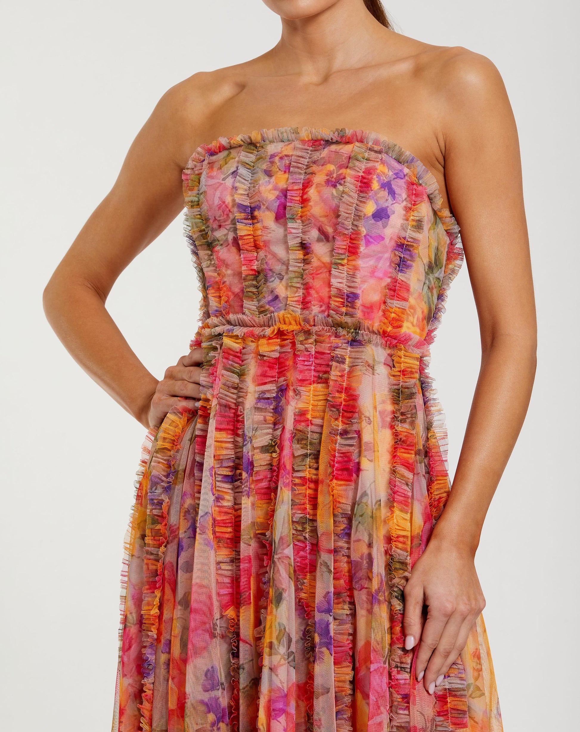 Multicolor Strapless Floral Ruffle Dress - Mac Duggal