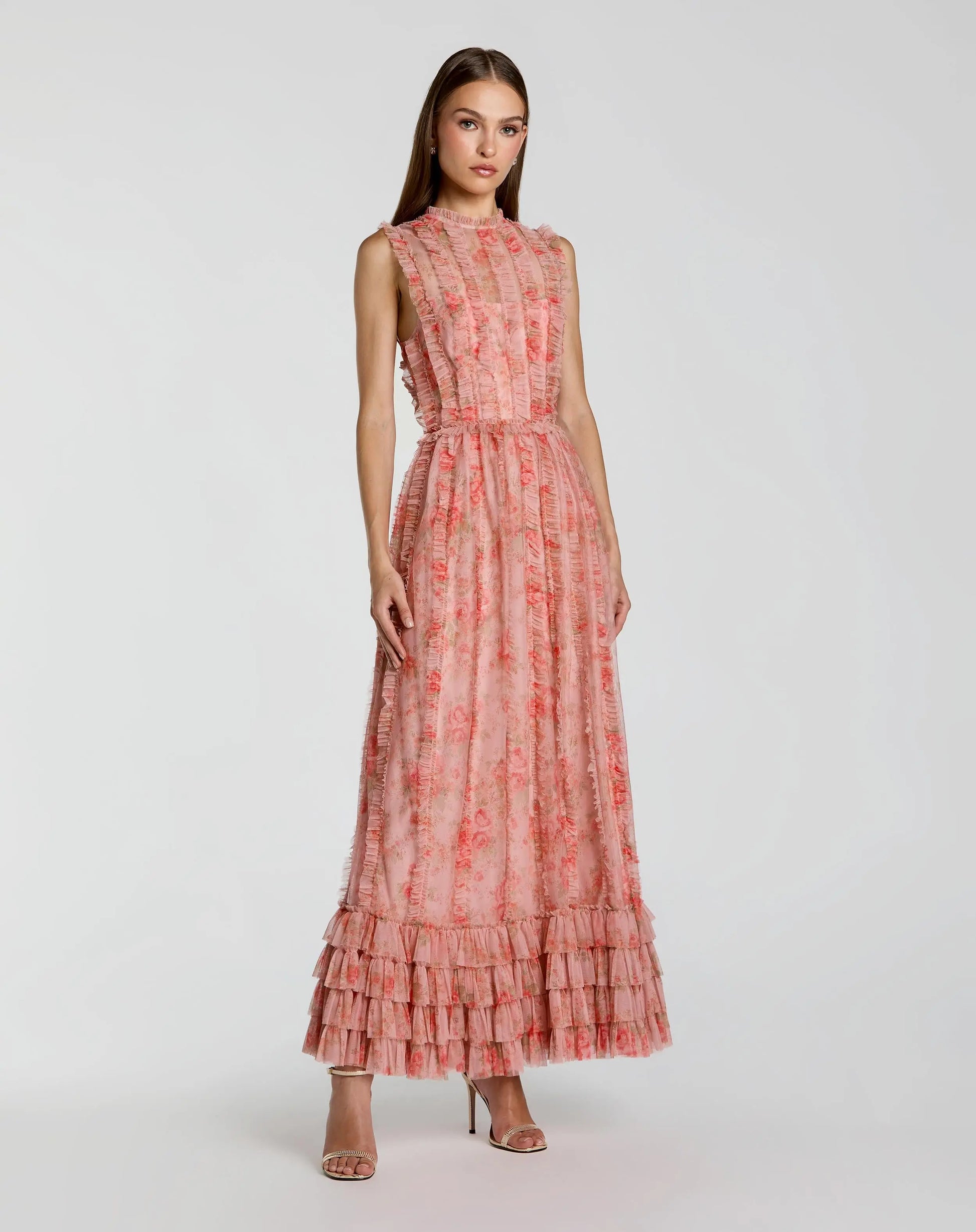 Pink Sleeveless Tiered Ruffle Floral Maxi Dress | Mac Duggal Pink Sleeveless Tiered Ruffle Floral Maxi Dress | Mac Duggal
