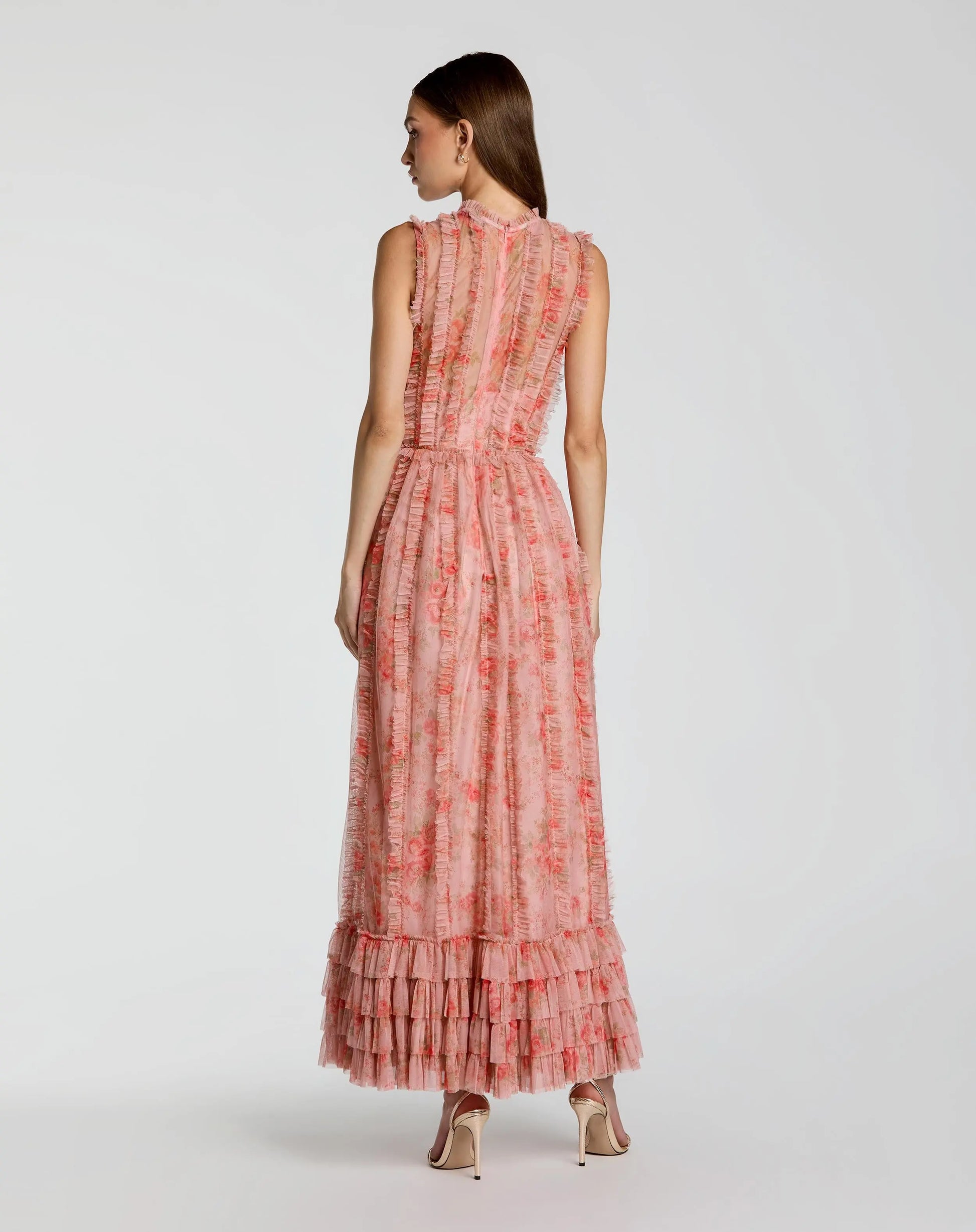 Pink Floral Ruffle Tiered Midi Dress Mac Duggal