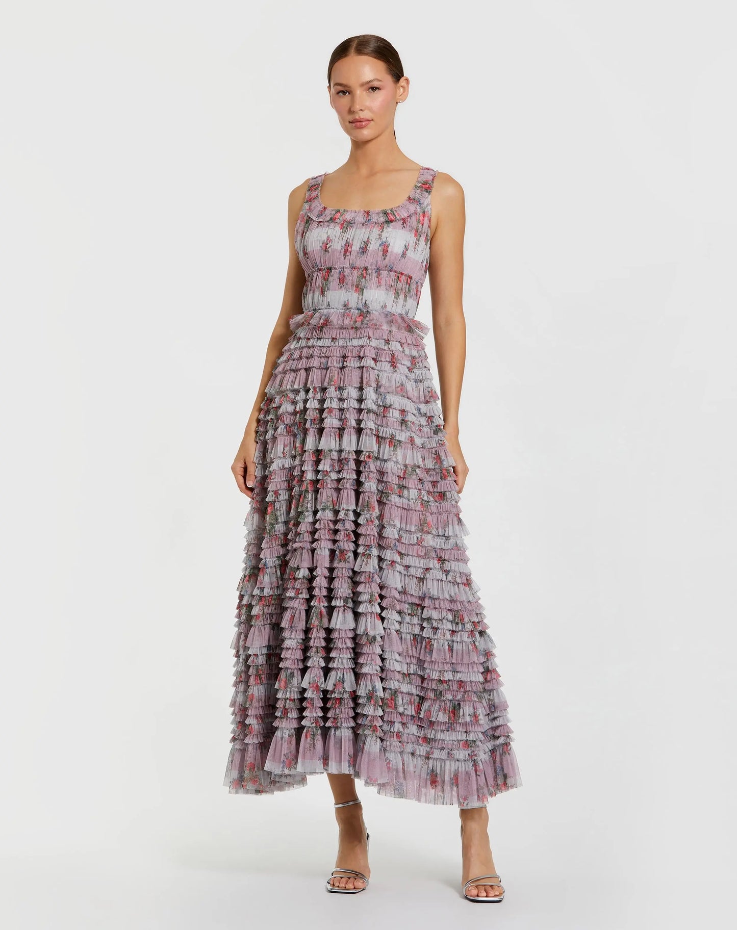 Purple Sleeveless Floral Midi Dress with Tiered Ruffles - Mac Duggal