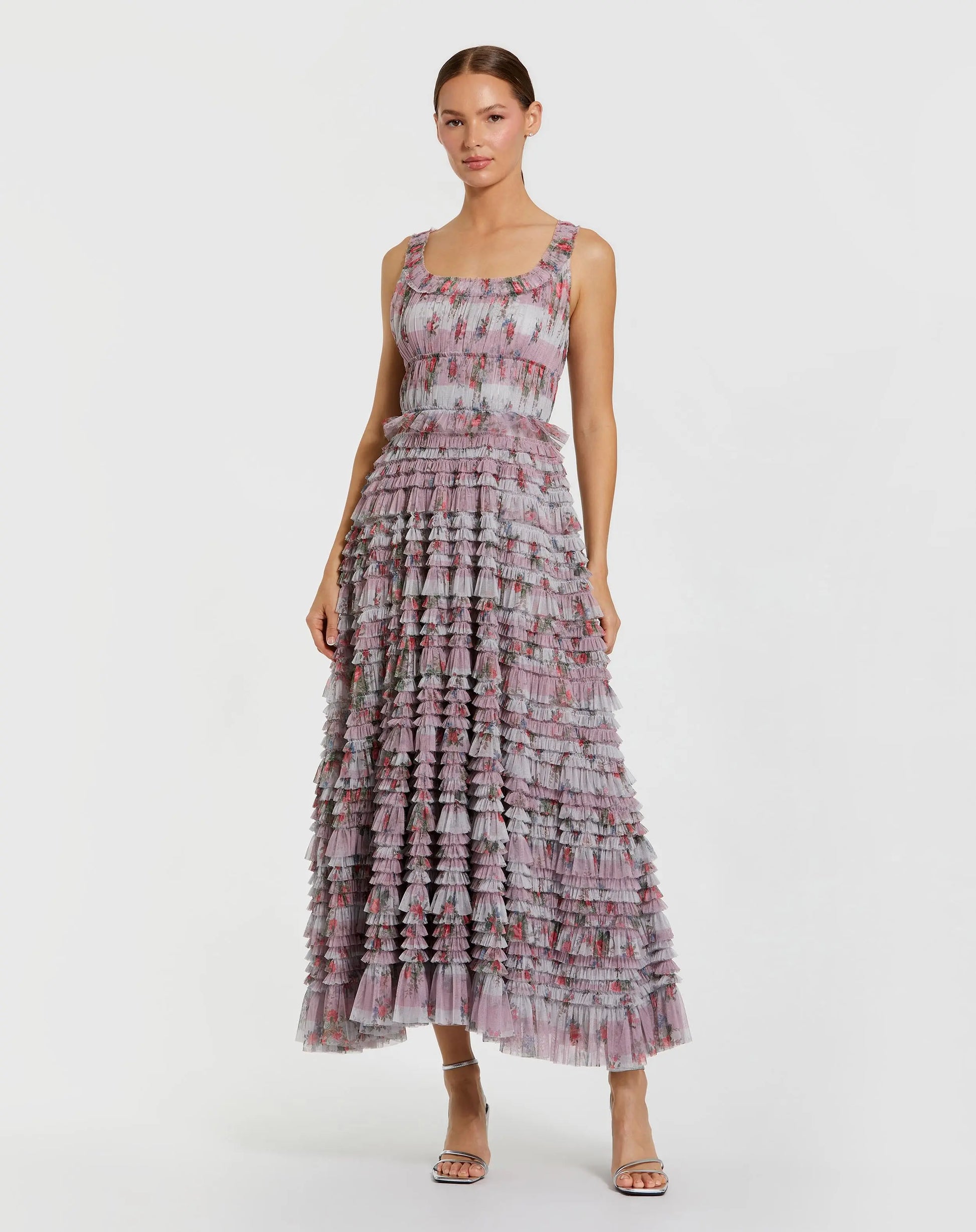 Purple Sleeveless Floral Midi Dress with Tiered Ruffles - Mac Duggal