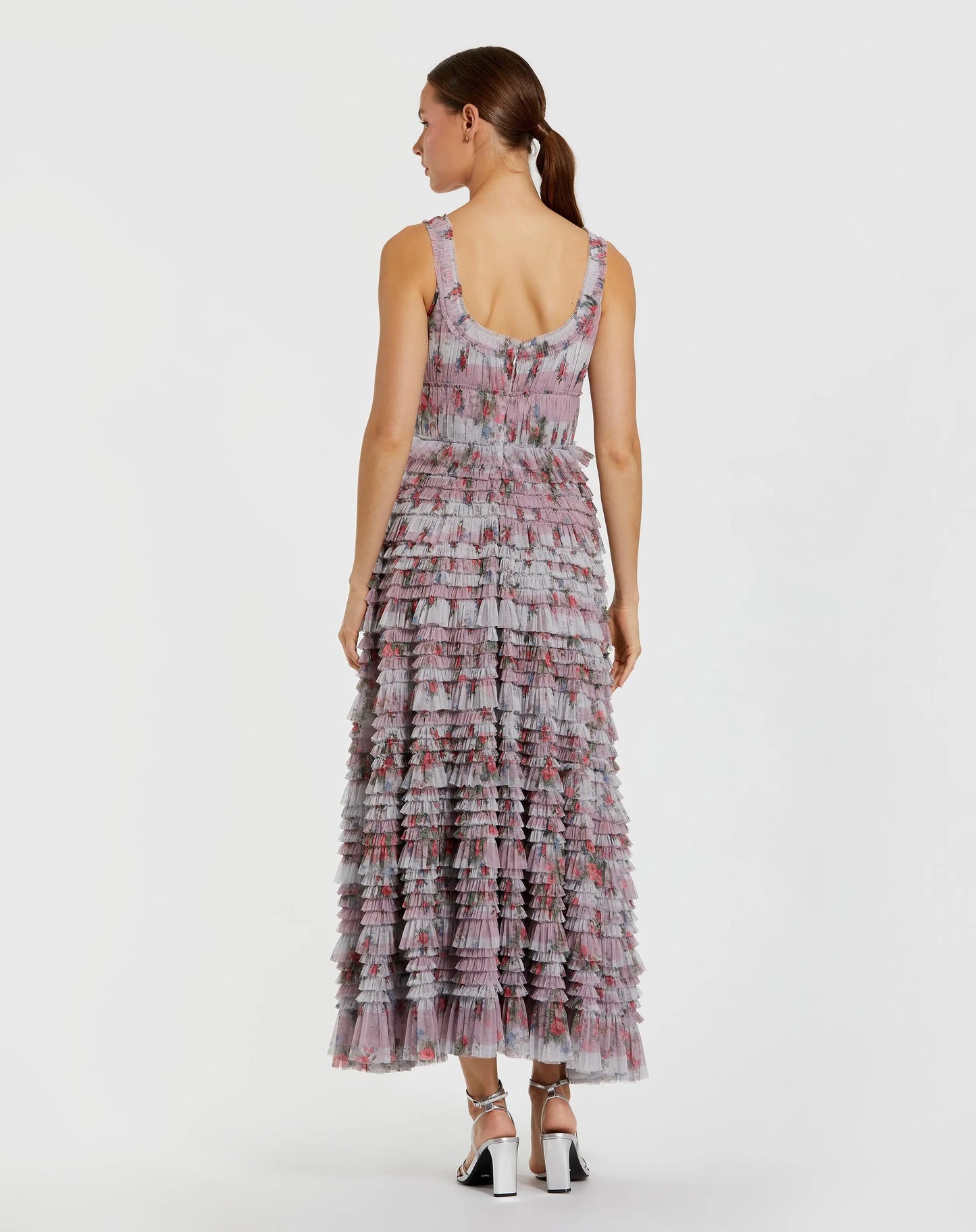 Purple Sleeveless Floral Midi Dress with Tiered Ruffles - Mac Duggal