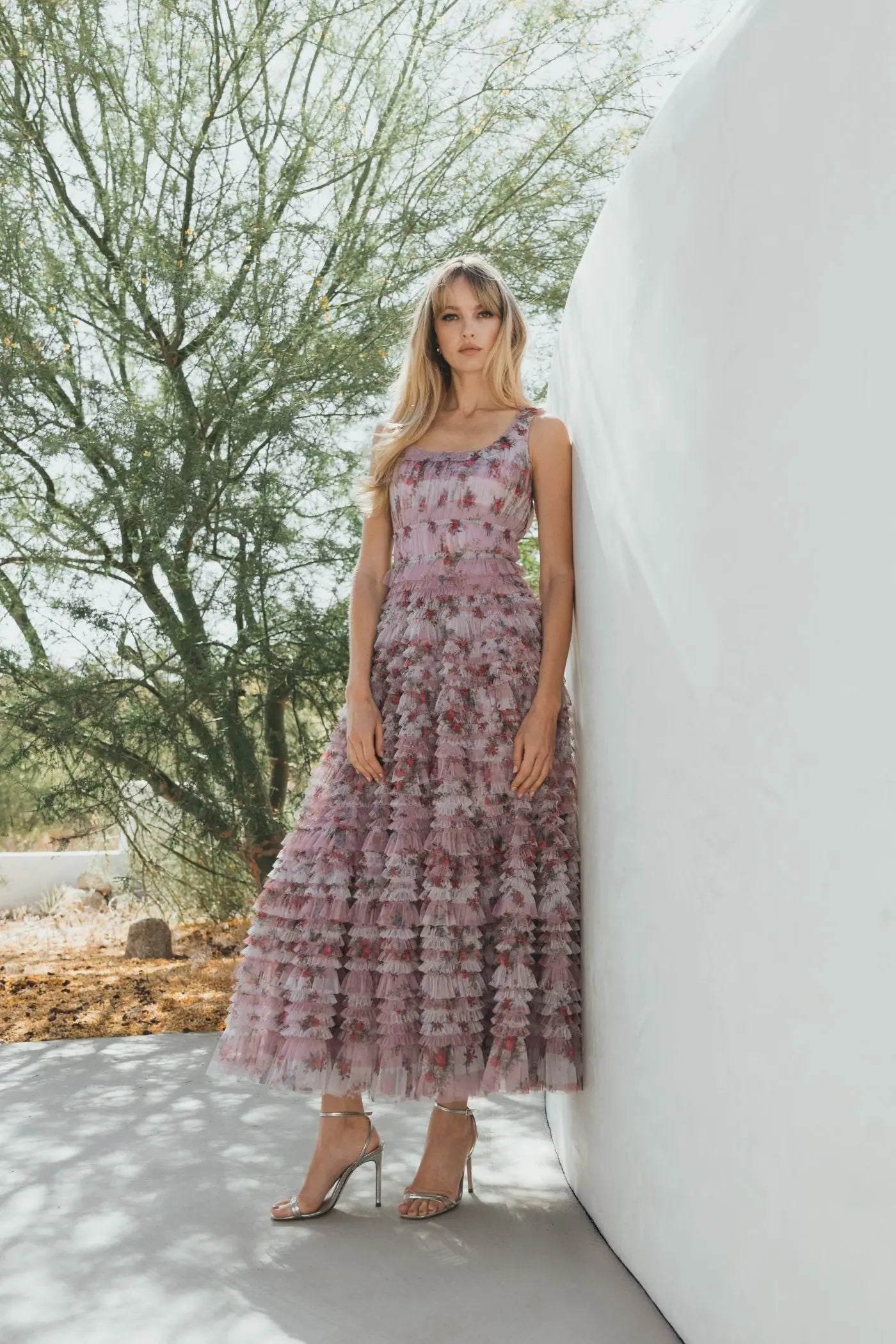 Purple Sleeveless Floral Midi Dress with Tiered Ruffles - Mac Duggal