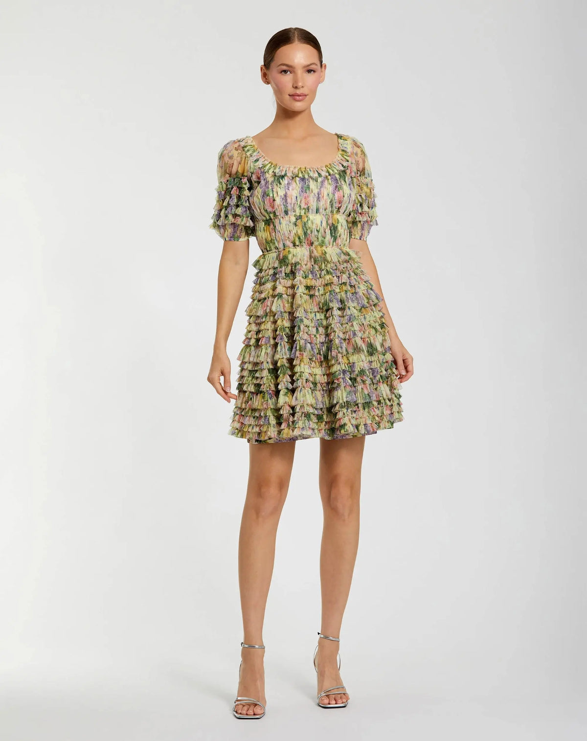 Colorful Mini Ruffle Dress Multicolor Floral Puff Sleeve Ruffle Mini Dress | Mac Duggal