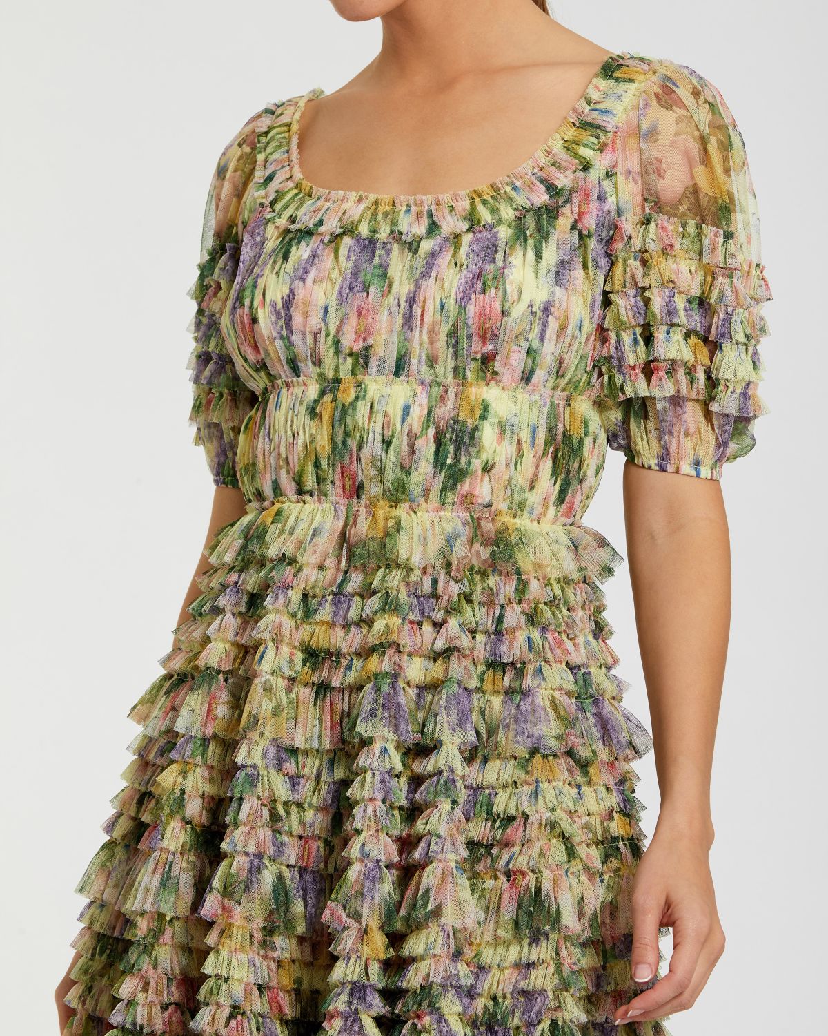 Multicolor Floral Puff Sleeve Ruffle Mini Dress - Mac Duggal