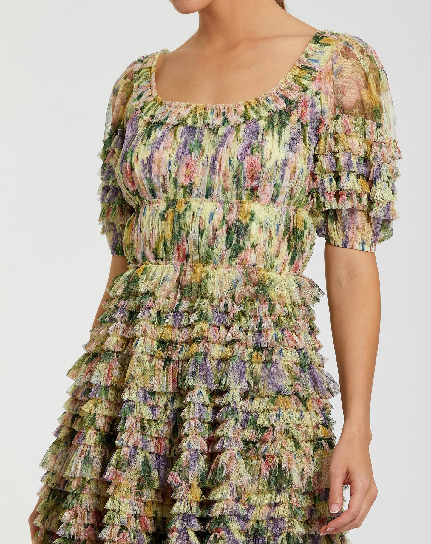 Multicolor Floral Puff Sleeve Ruffle Mini Dress - Mac Duggal