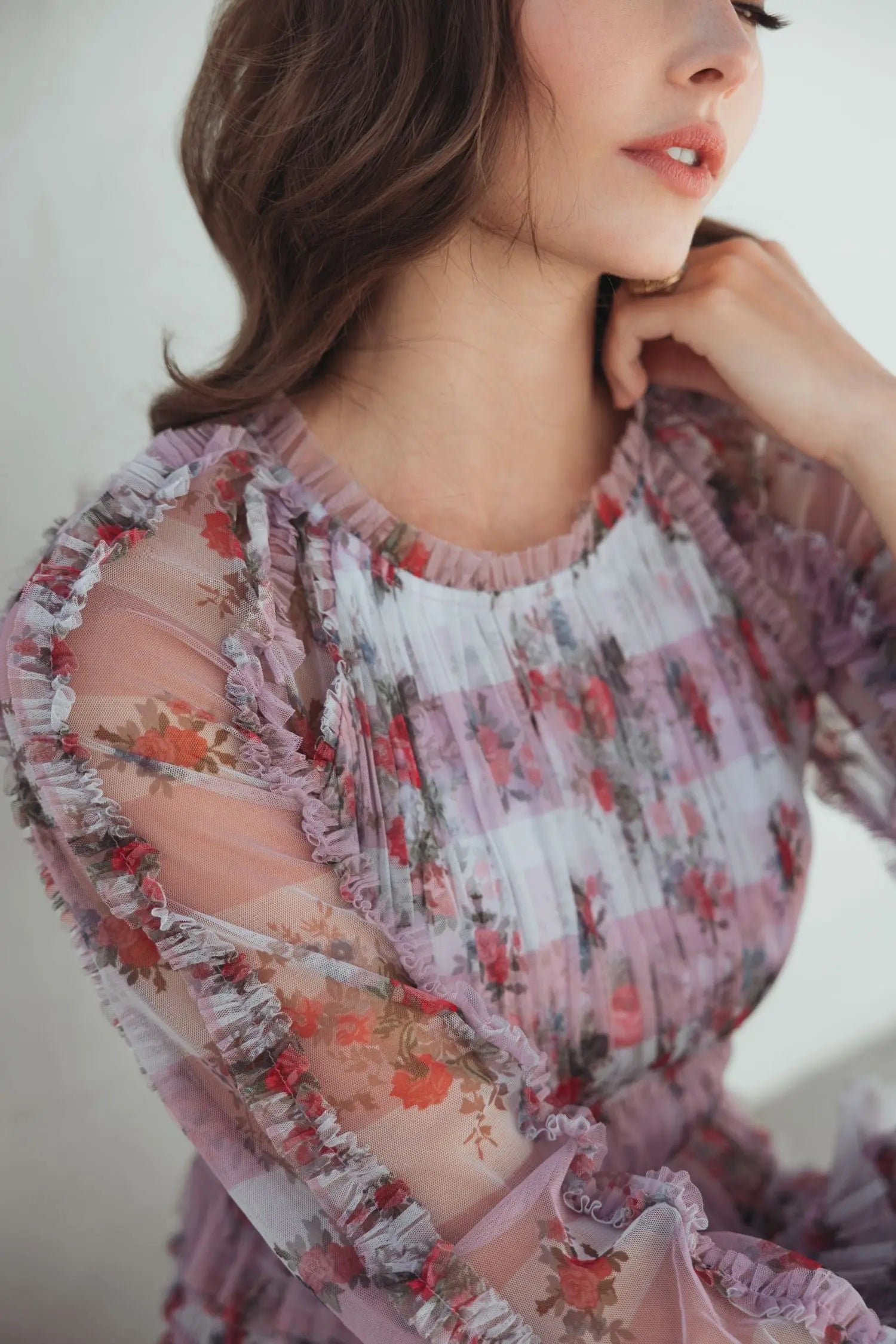 Purple Long Sleeve Floral Mesh Ruffle Mini Dress - Mac Duggal