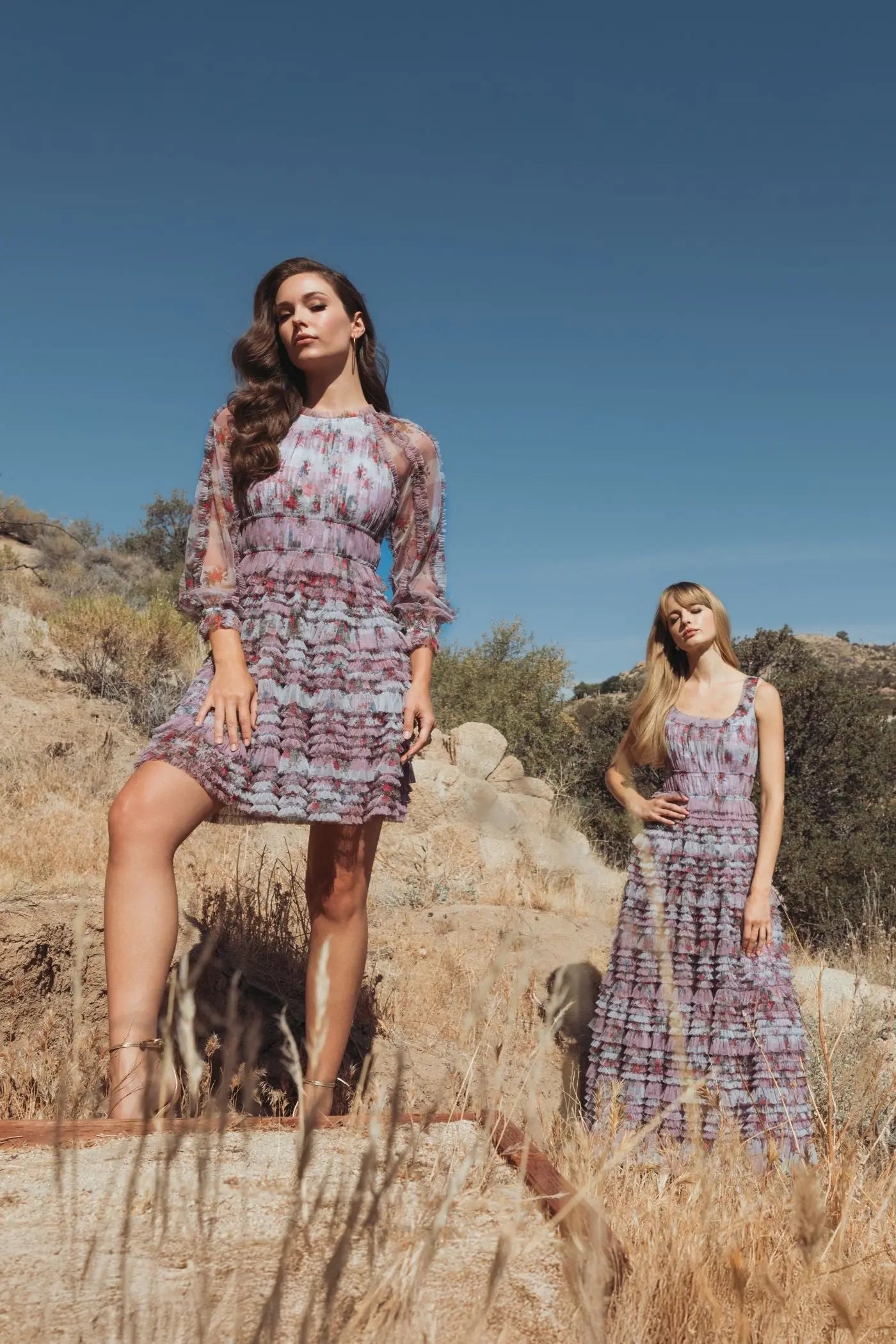 Purple Long Sleeve Floral Mesh Ruffle Mini Dress - Mac Duggal