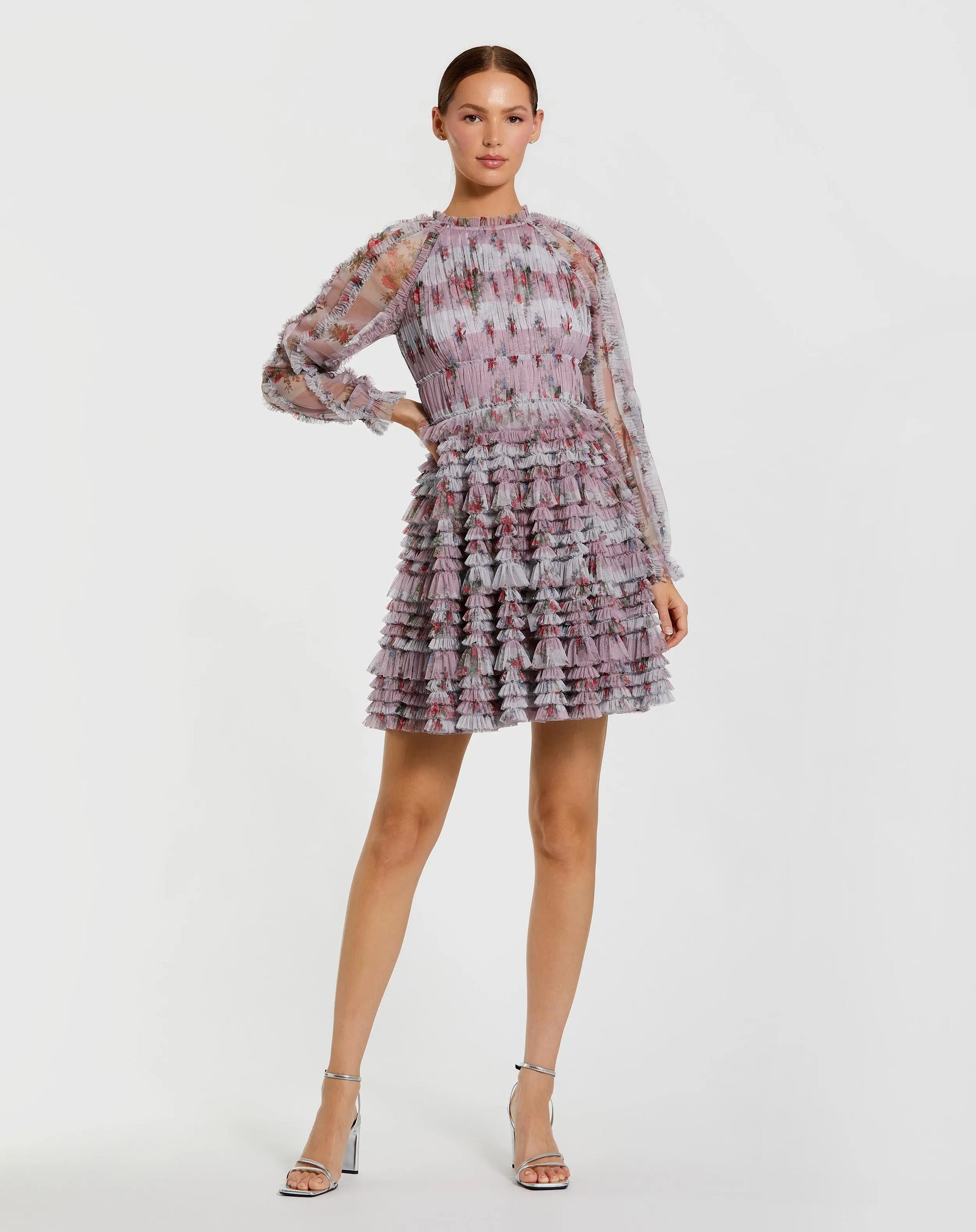 Purple Long Sleeve Floral Mesh Ruffle Mini Dress - Mac Duggal