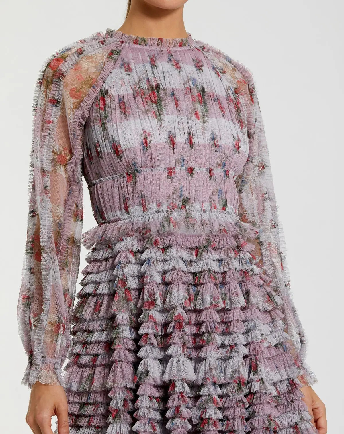 Purple Ruffle Long Sleeve Floral Mini Dress Mac Duggal