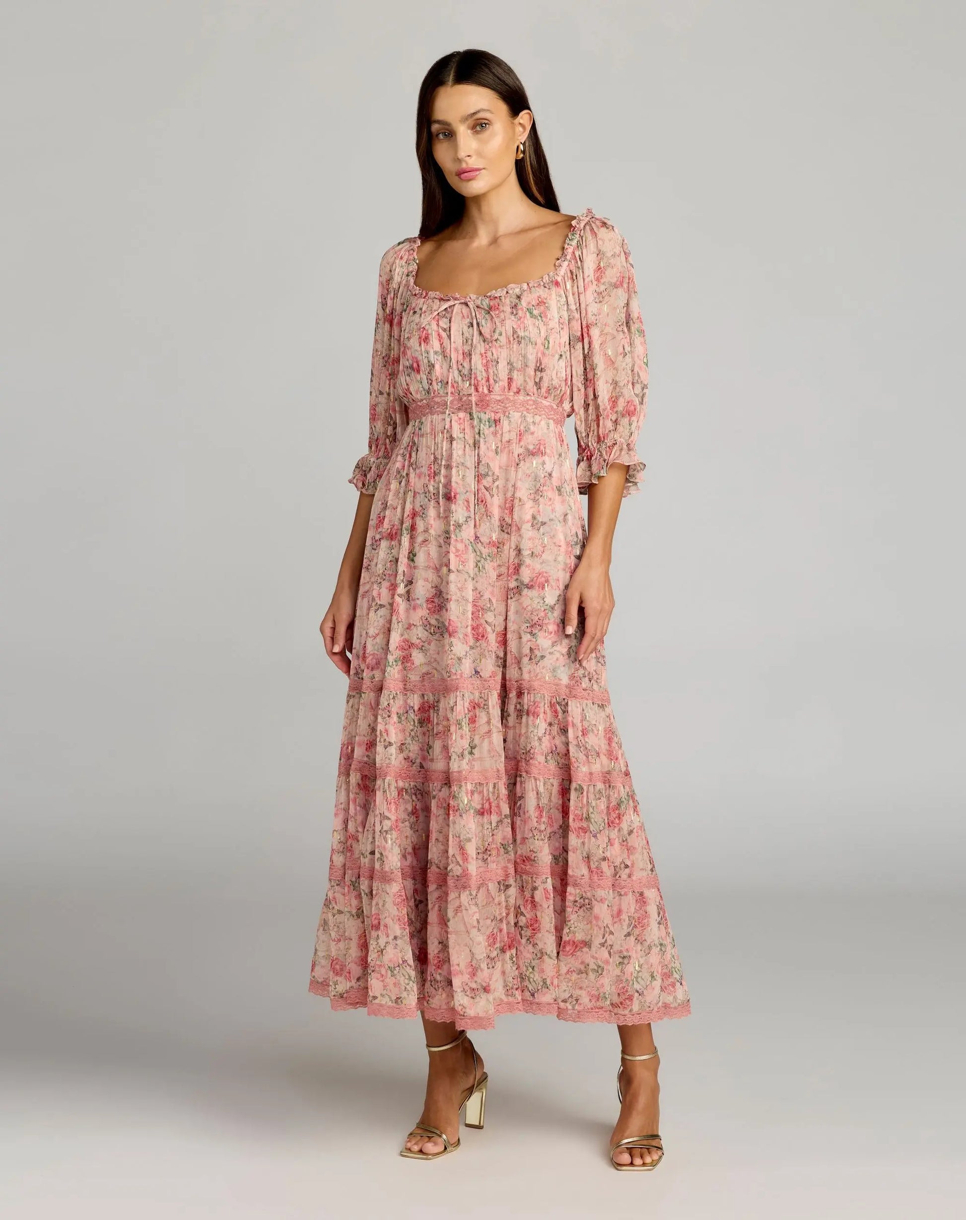 Pink Floral Scoop Neck Midi Dress With 3/4 Sleeves Pink Floral Scoop Neck Midi Dress With 3/4 Sleeves