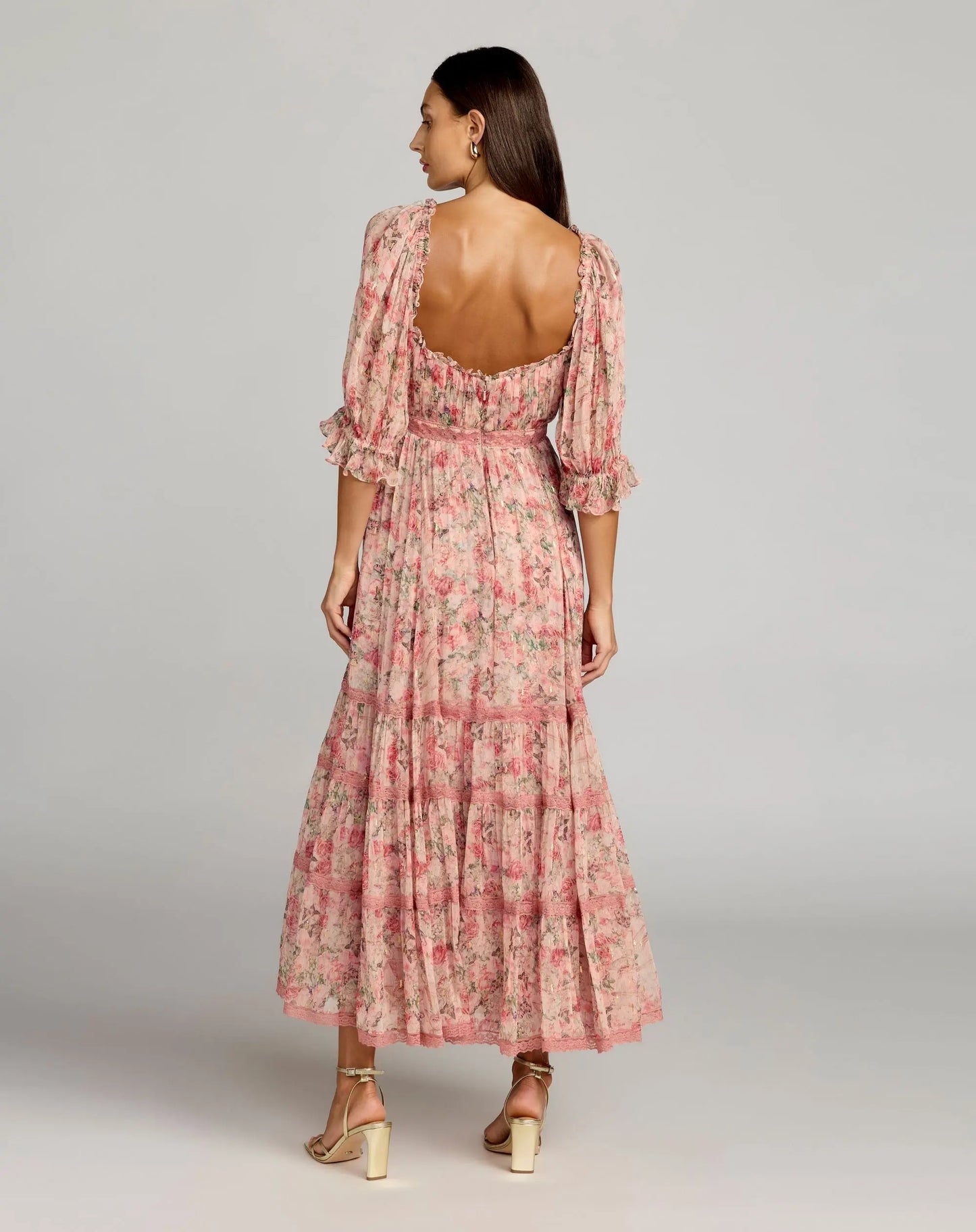 Pink Floral Printed Scoop Neck Midi Dress With 3/4 Sleeves - Mac Duggal