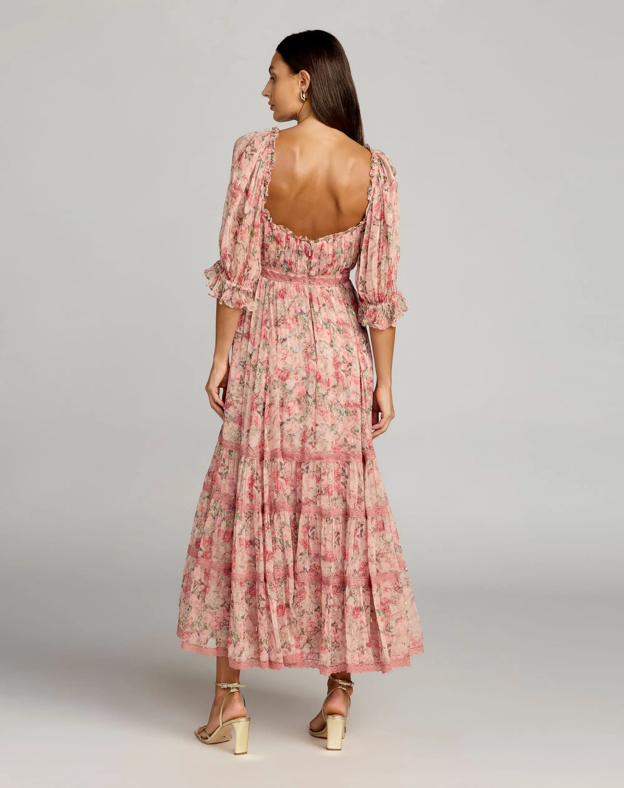 Pink Floral Printed Scoop Neck Midi Dress With 3/4 Sleeves - Mac Duggal