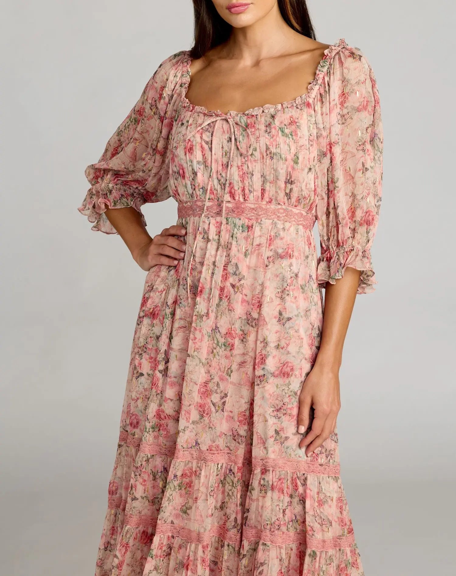 Pink Floral Printed Scoop Neck Midi Dress With 3/4 Sleeves - Mac Duggal
