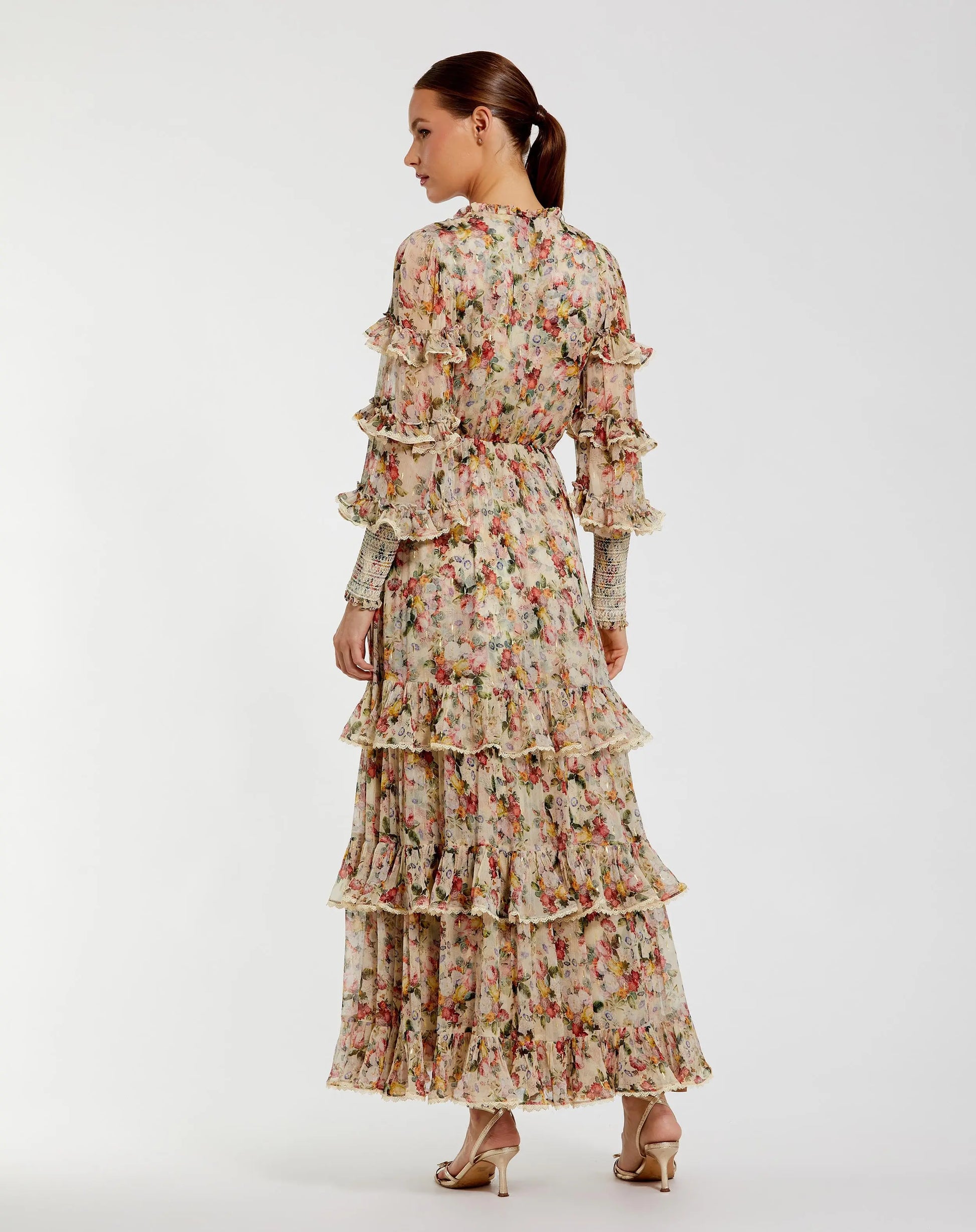 Beige Floral Tiered Ruffle Midi Dress with Long Sleeves | Mac Duggal Beige Floral Tiered Ruffle Midi Dress with Long Sleeves | Mac Duggal