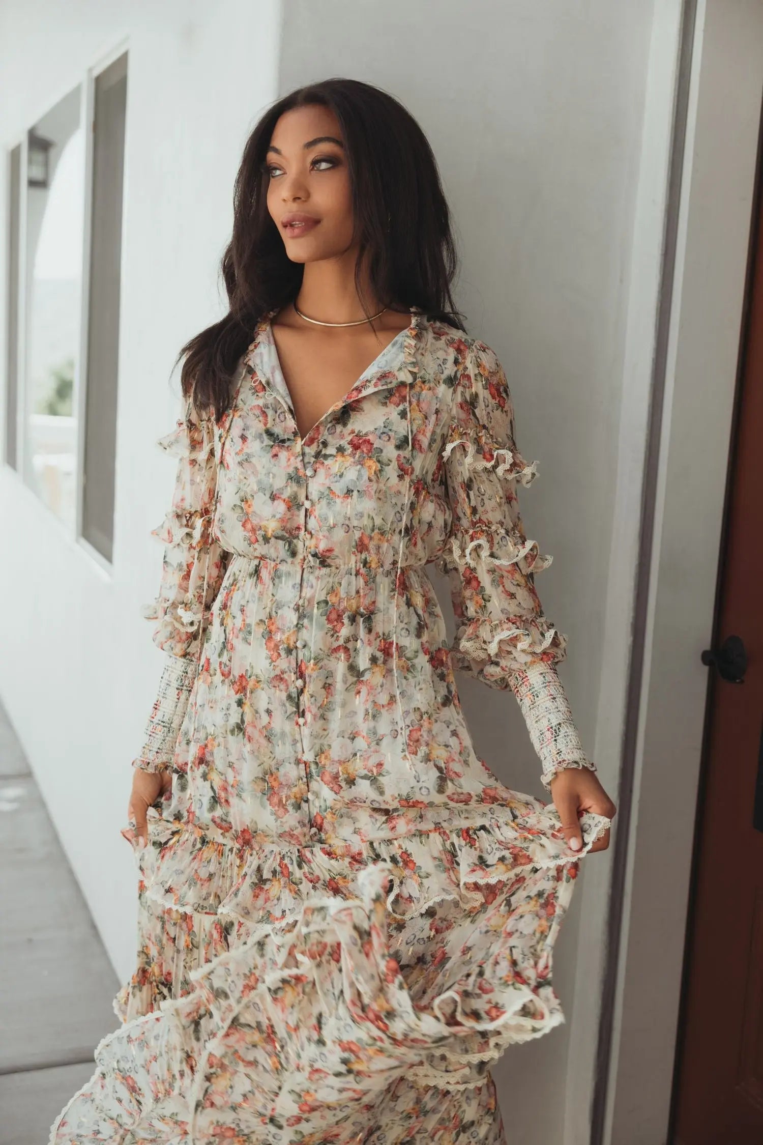 knee length dresses for ladies Beige Floral Tiered Ruffle Midi Dress with Long Sleeves