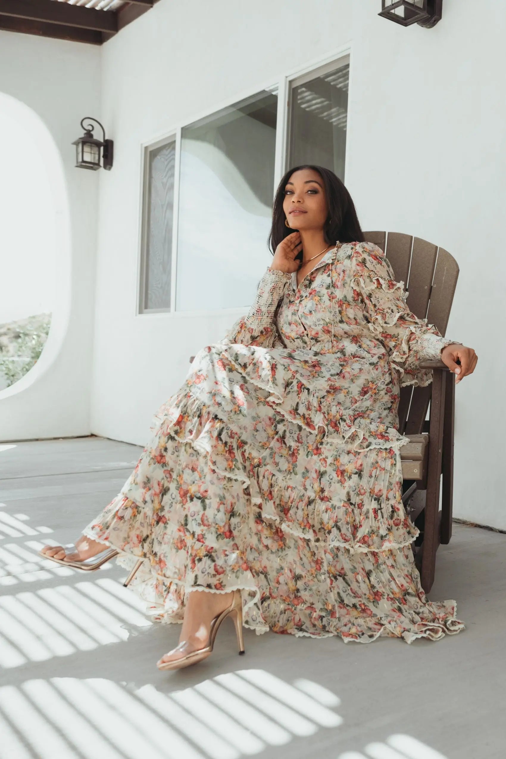 beige frill sleeve maxi dress Beige Floral Tiered Ruffle Midi Dress with Long Sleeves