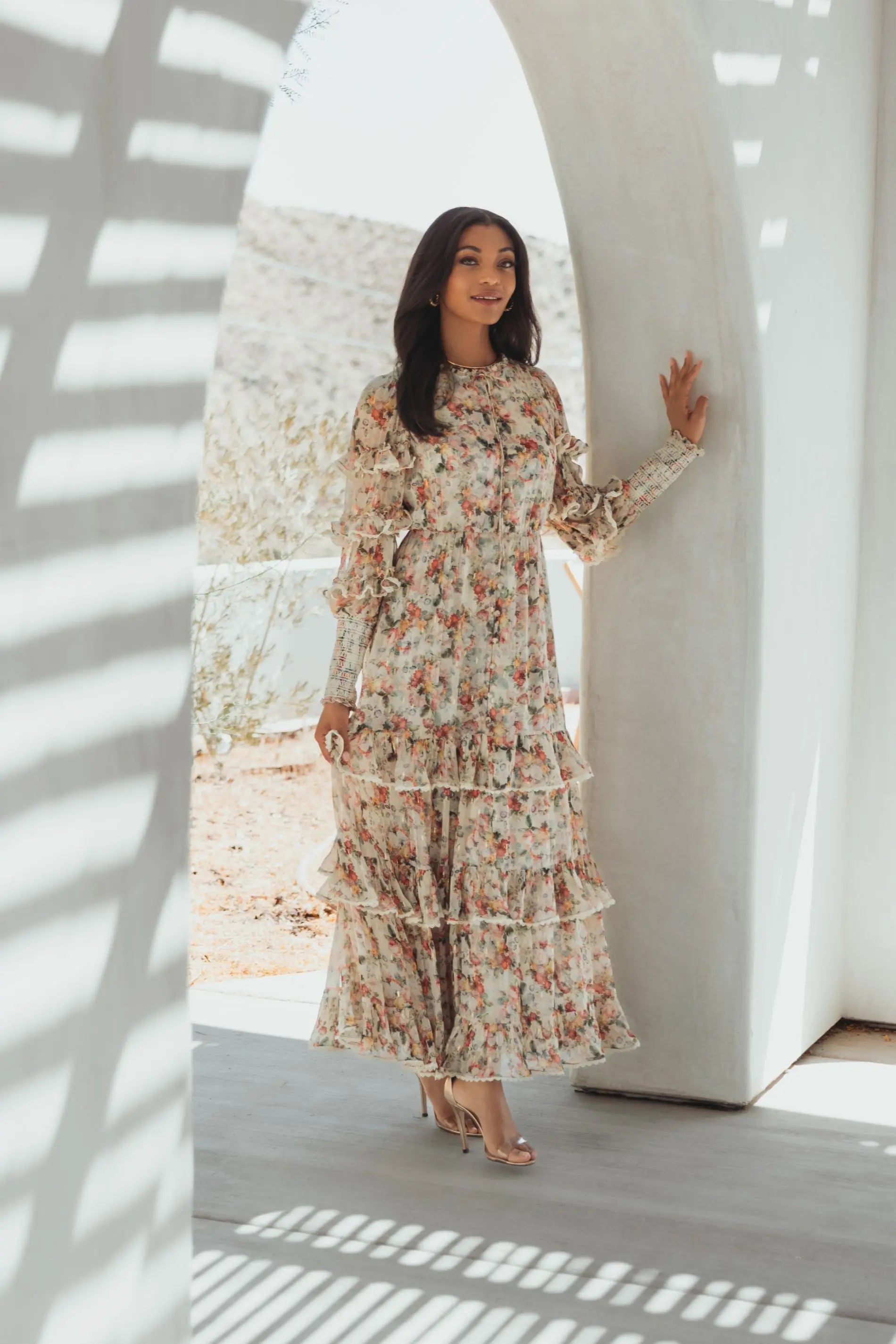 Beige Floral Tiered Ruffle Midi Dress with Long Sleeves - Mac Duggal