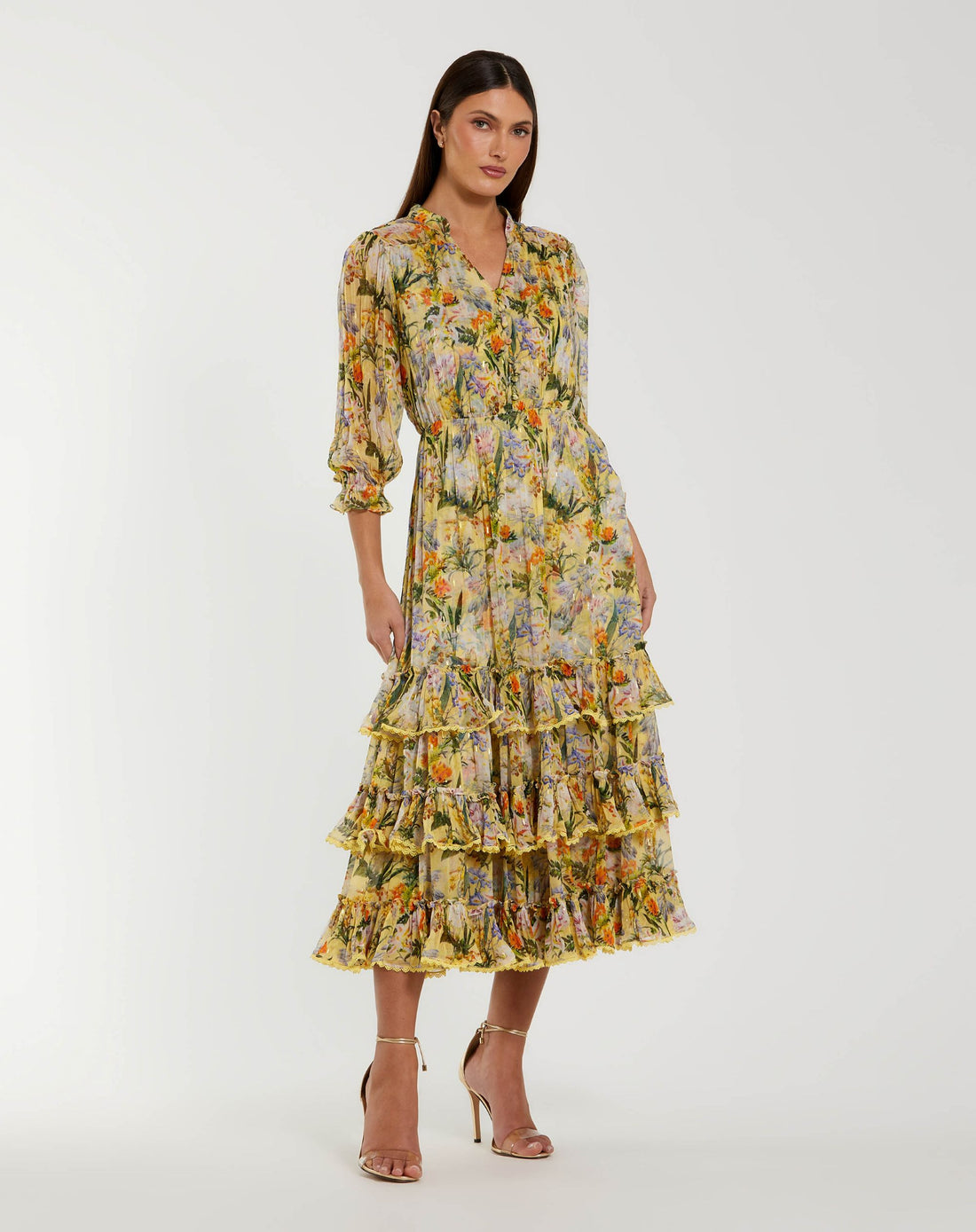 Yellow Floral V Neck Ruffle Midi Dress With 3/4 Sleeves - Mac Duggal