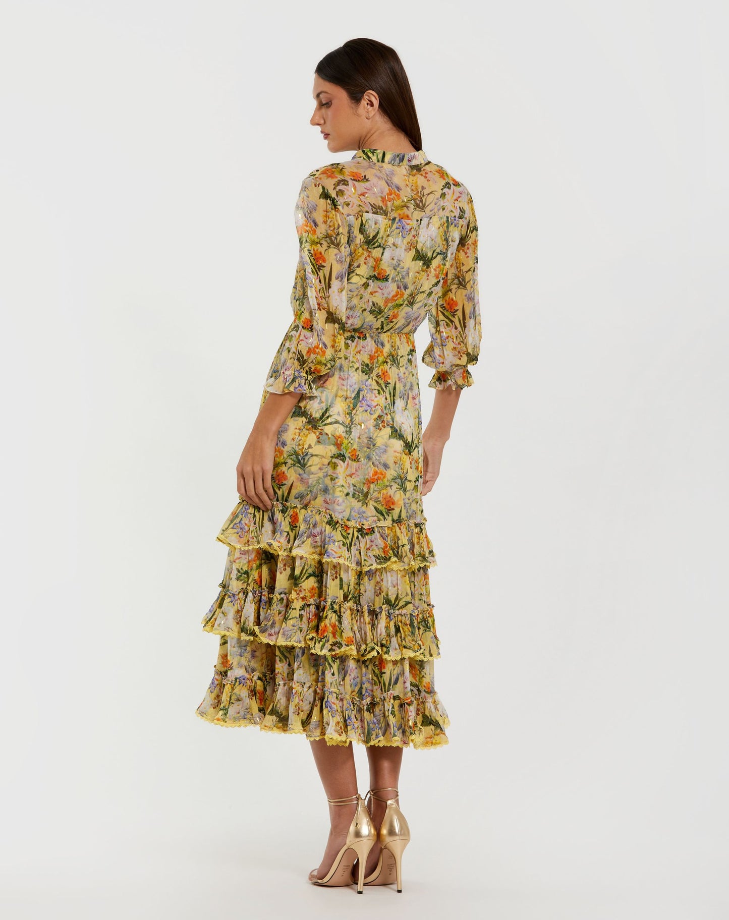 Yellow Floral V Neck Ruffle Midi Dress With 3/4 Sleeves - Mac Duggal