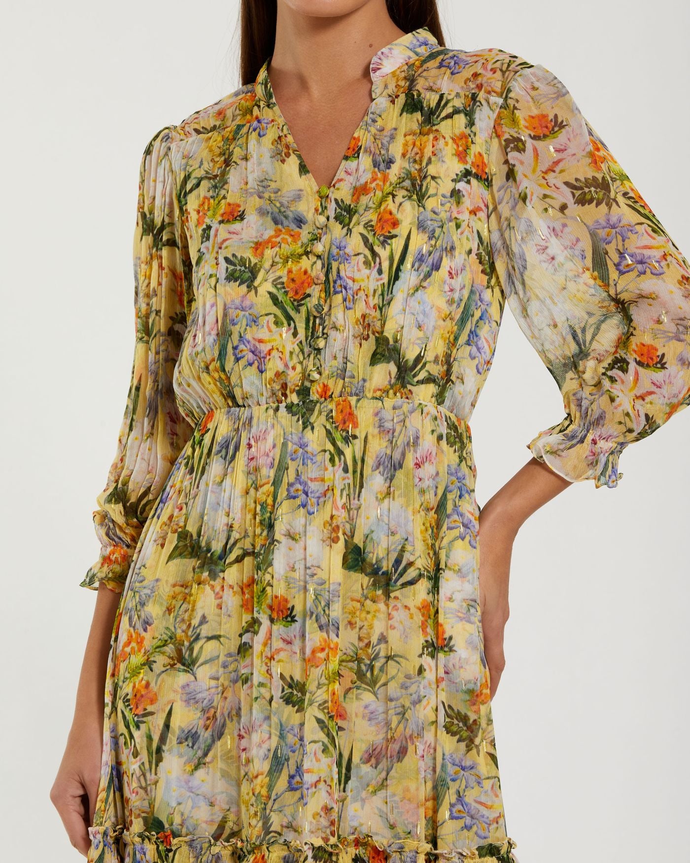 Yellow Floral V Neck Ruffle Midi Dress With 3/4 Sleeves - Mac Duggal