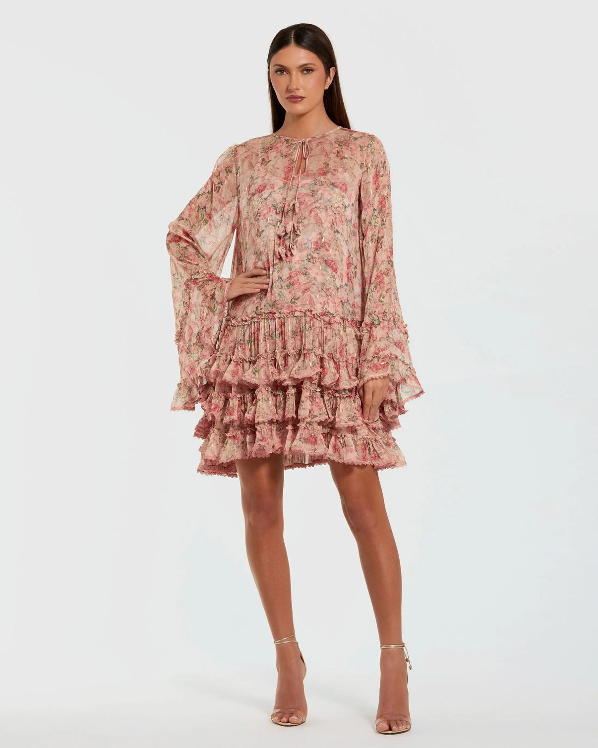 Pink Floral Long Sleeve Ruffle Mini Dress | Mac Duggal