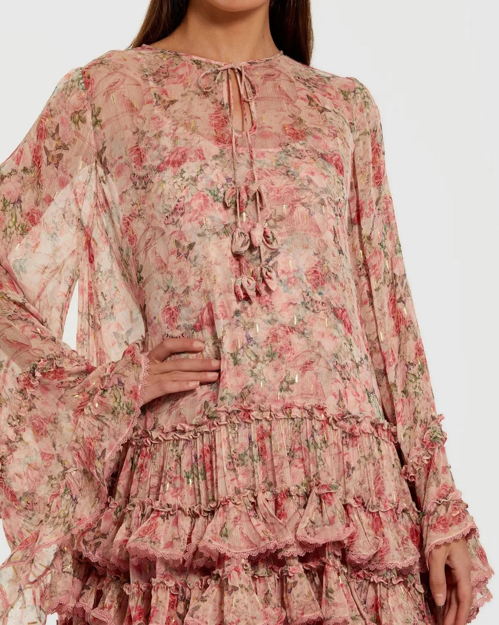Pink Floral Long Sleeve Ruffle Mini Dress | Mac Duggal