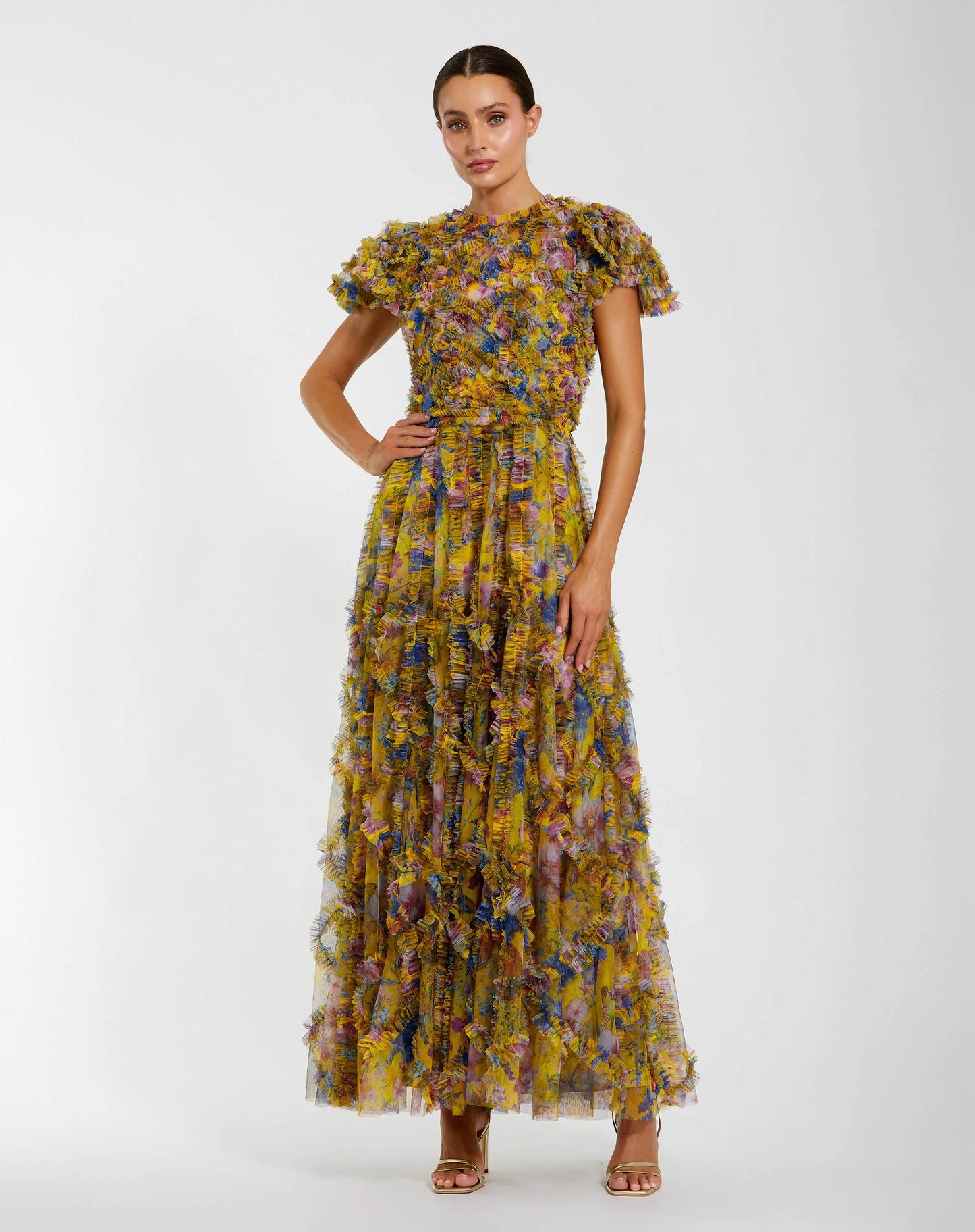 Yellow Micro Ruffle Floral Maxi Dress | Mac Duggal Yellow Micro Ruffle Floral Maxi Dress | Mac Duggal